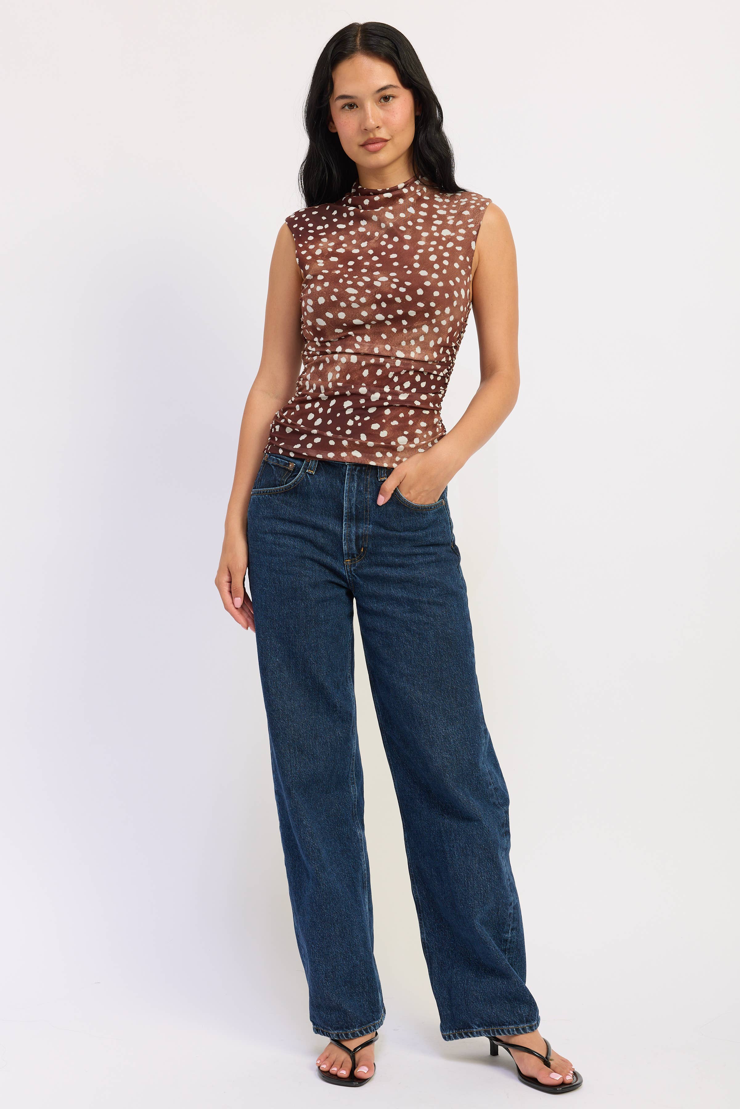 Emory Park sleeveless fitted mesh top in fawn print, back view