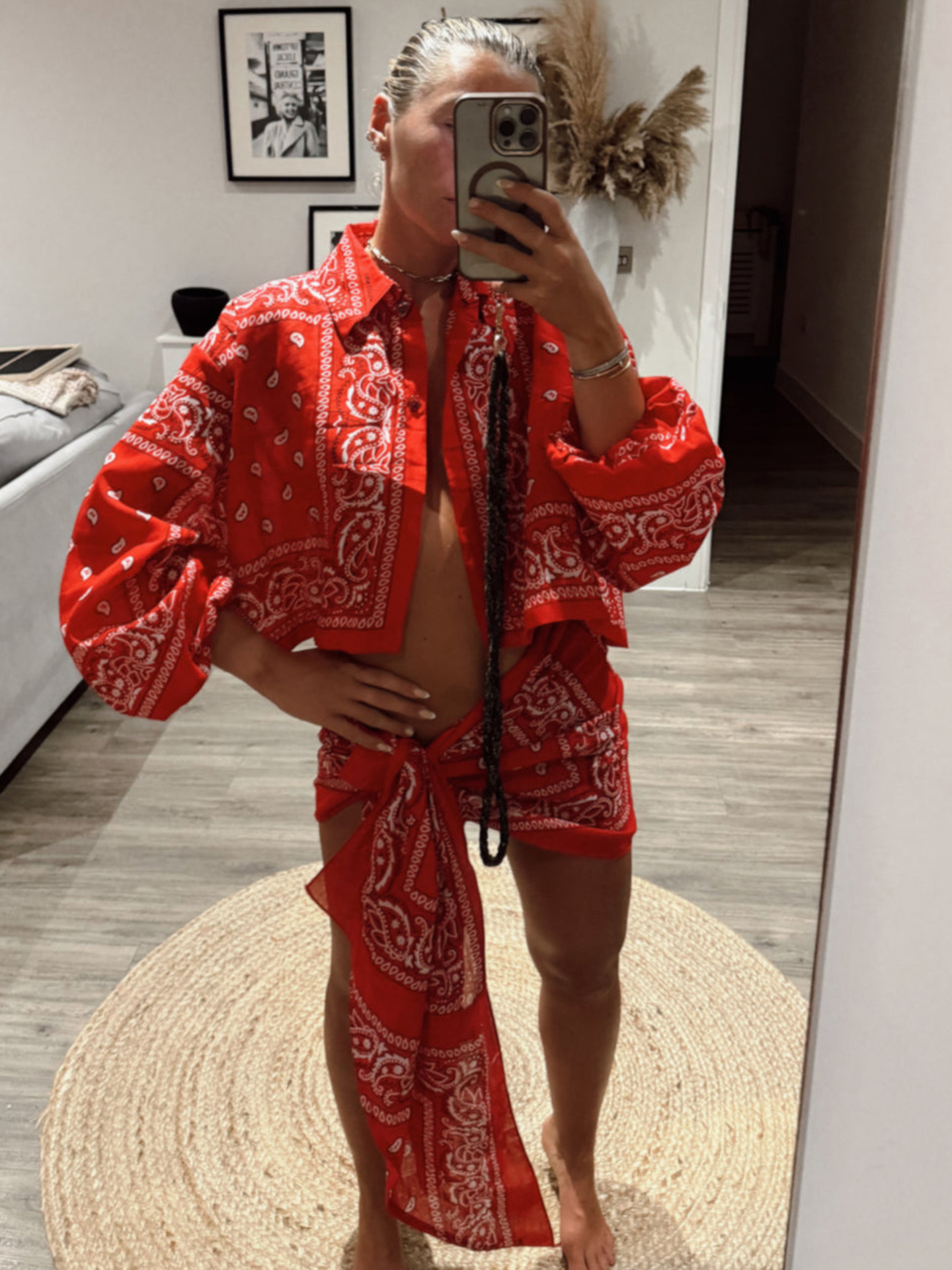 Paisley Shirt and Skirt Set in Red — full look