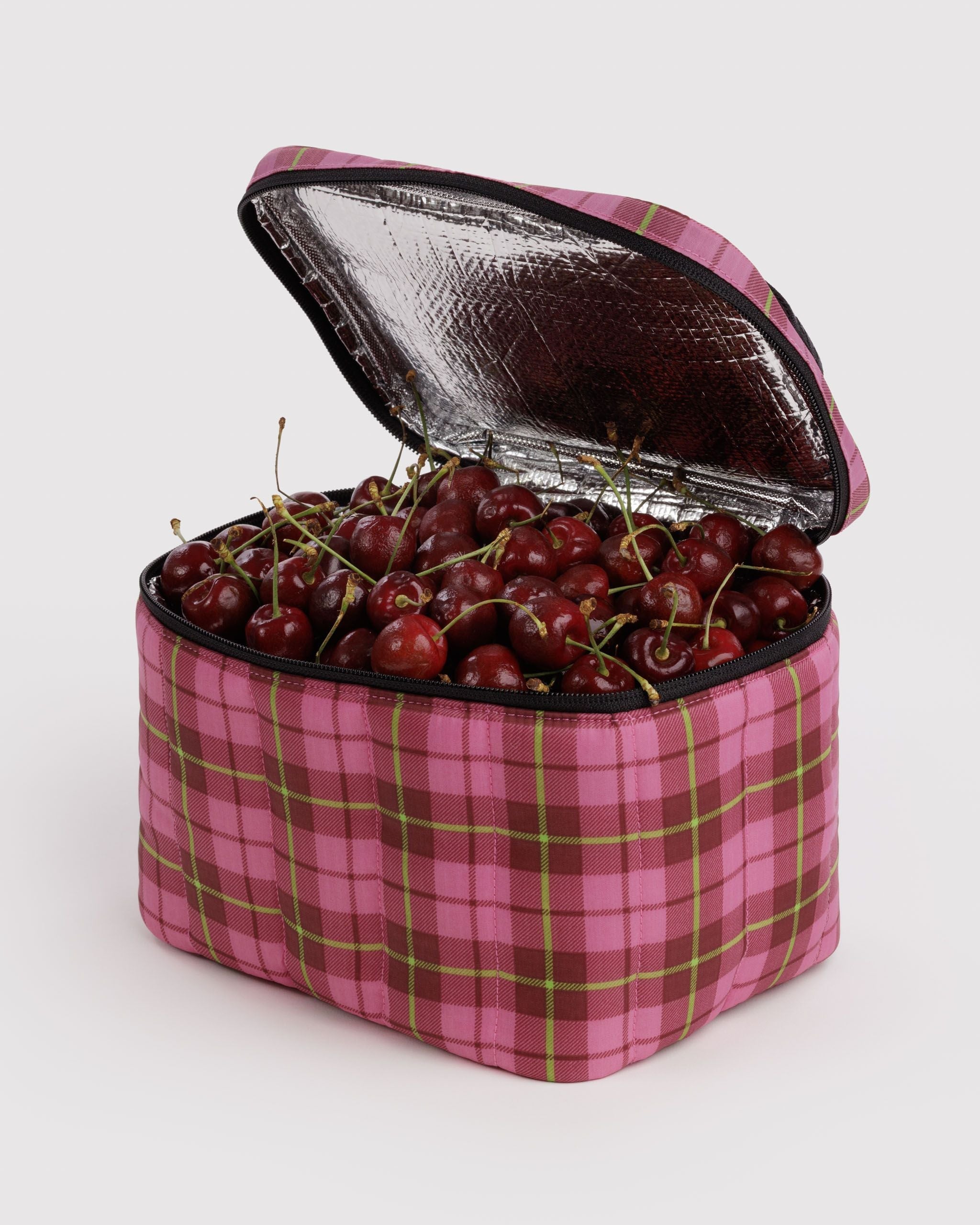 Baggu Puffy Lunch Bag in Azalea Pink Tartan — view 2