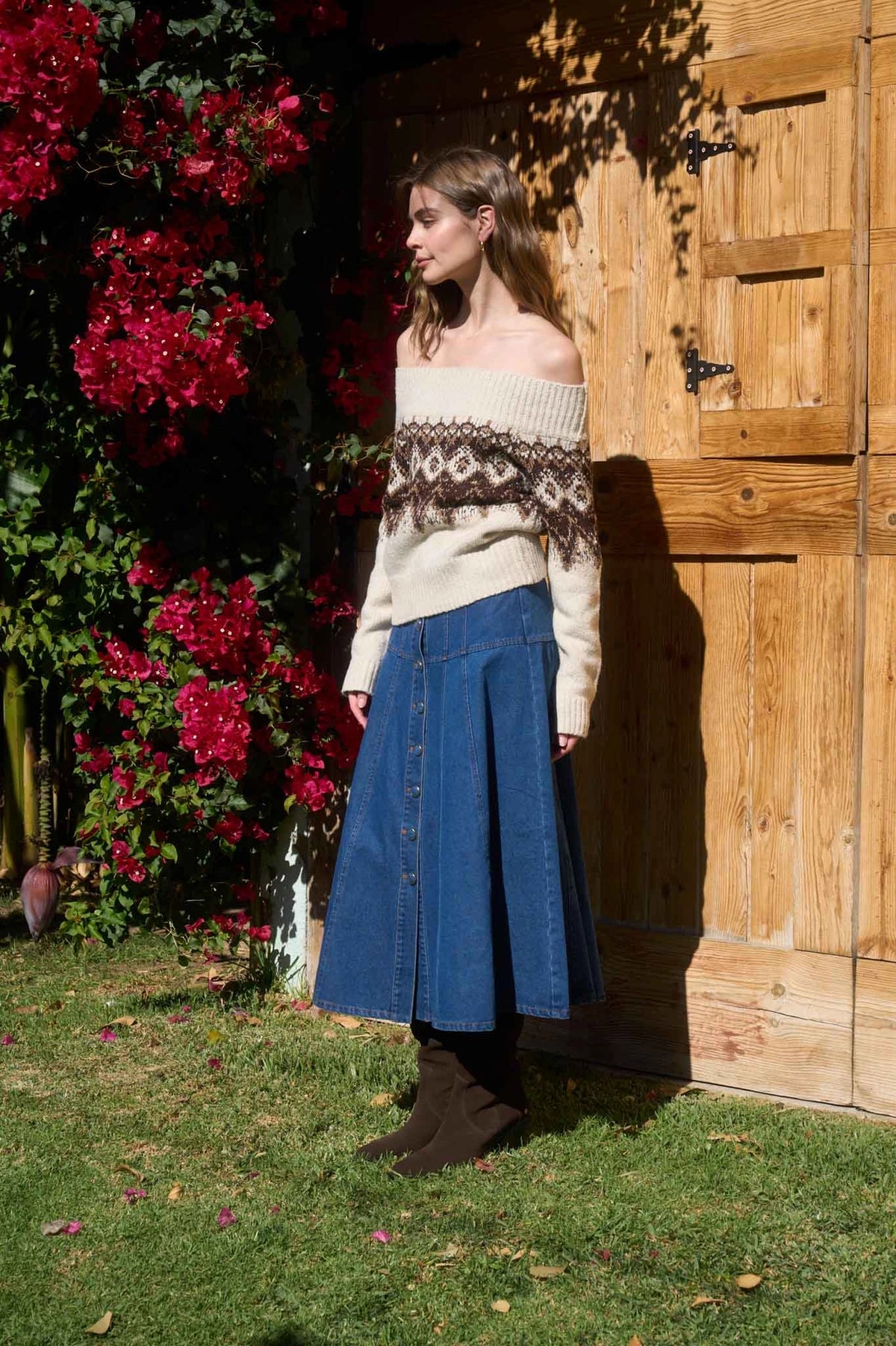 Button Down Panel Detail Denim Midi Skirt in Denim Blue — view 5