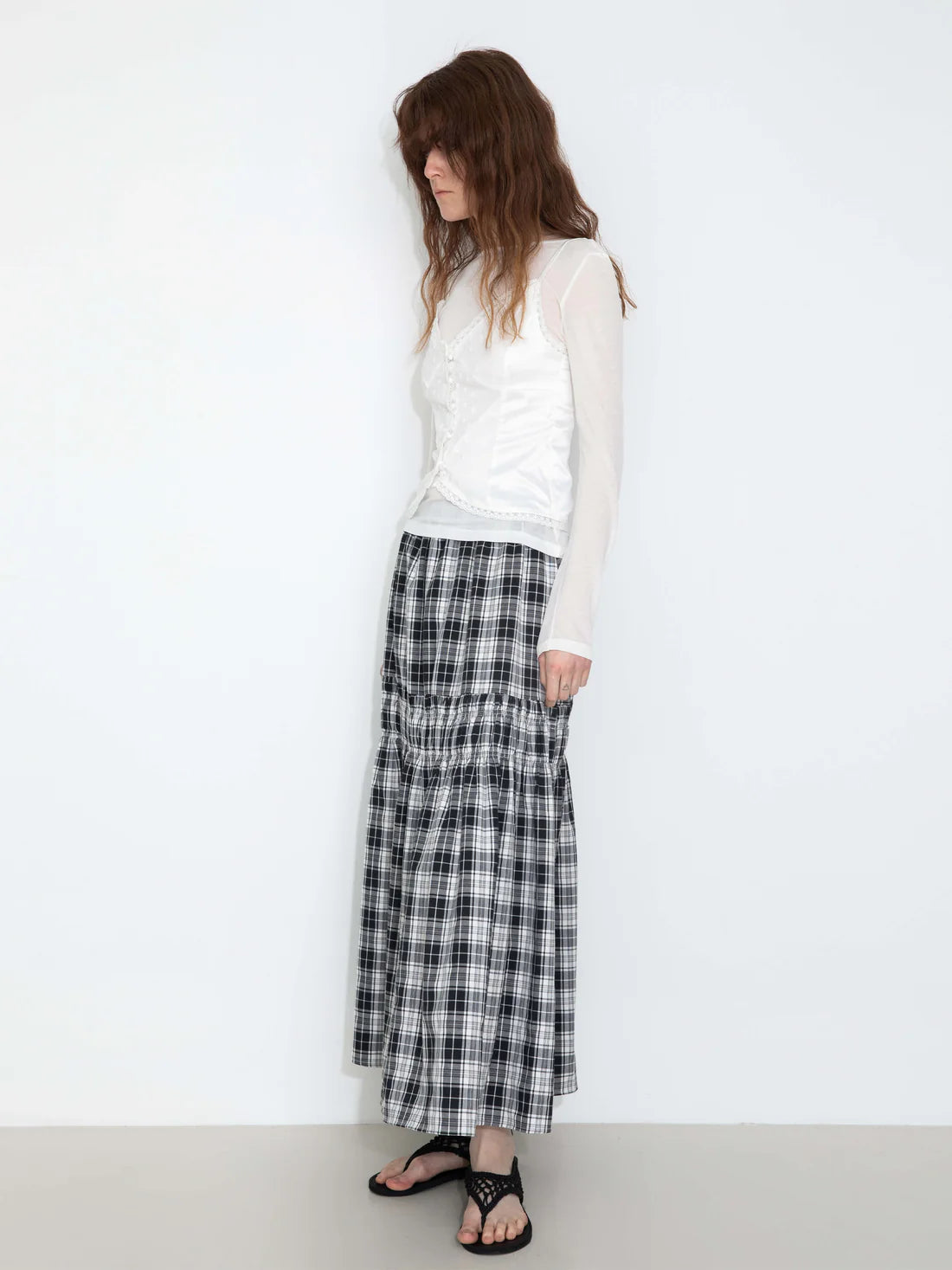 Elastic Drawstring High Waist Checked Skirt — view 5