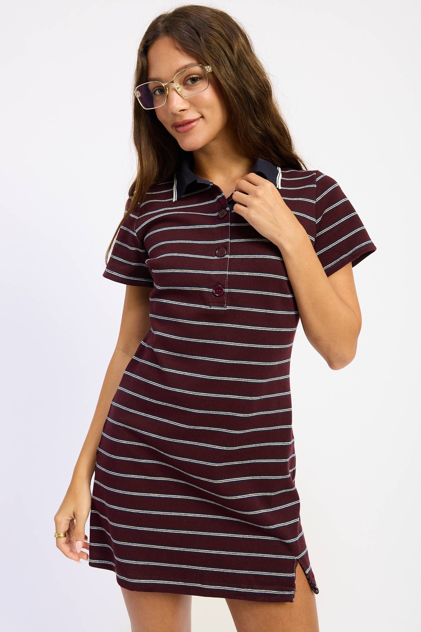 Striped Mini Shirt Dress in Burgundy