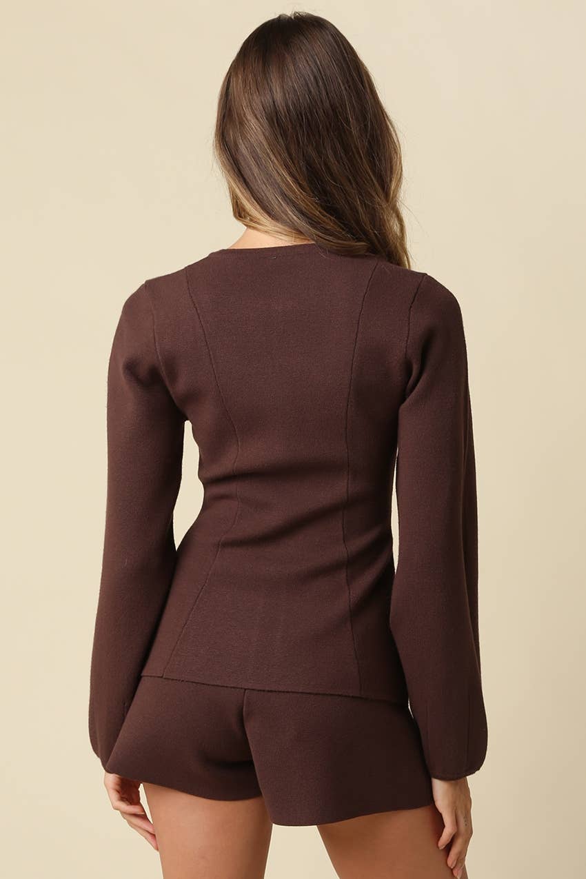 Sadie Peplum Zip Front Knit Top in Coffee - view 3