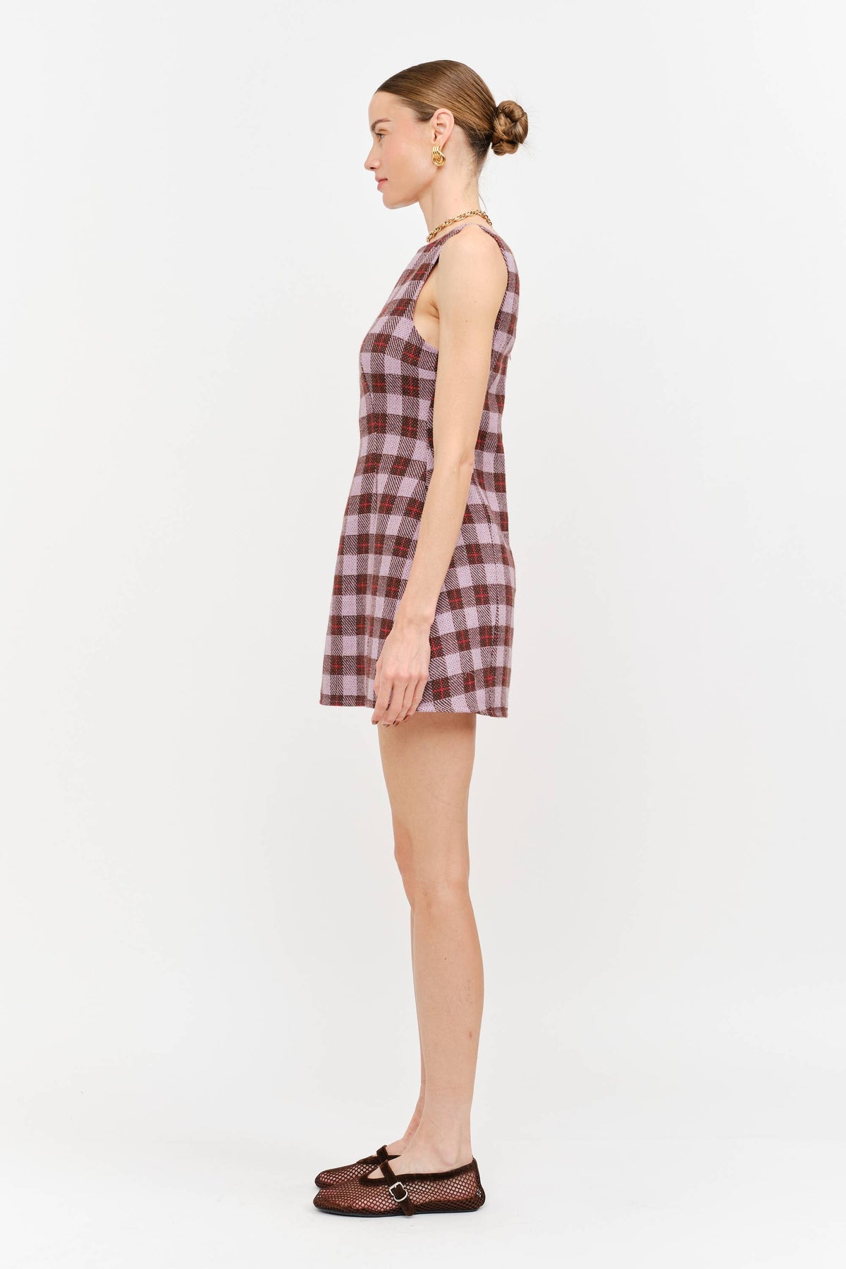 Victoria Boat Neck Mini Dress in Mauve Plaid — view 4