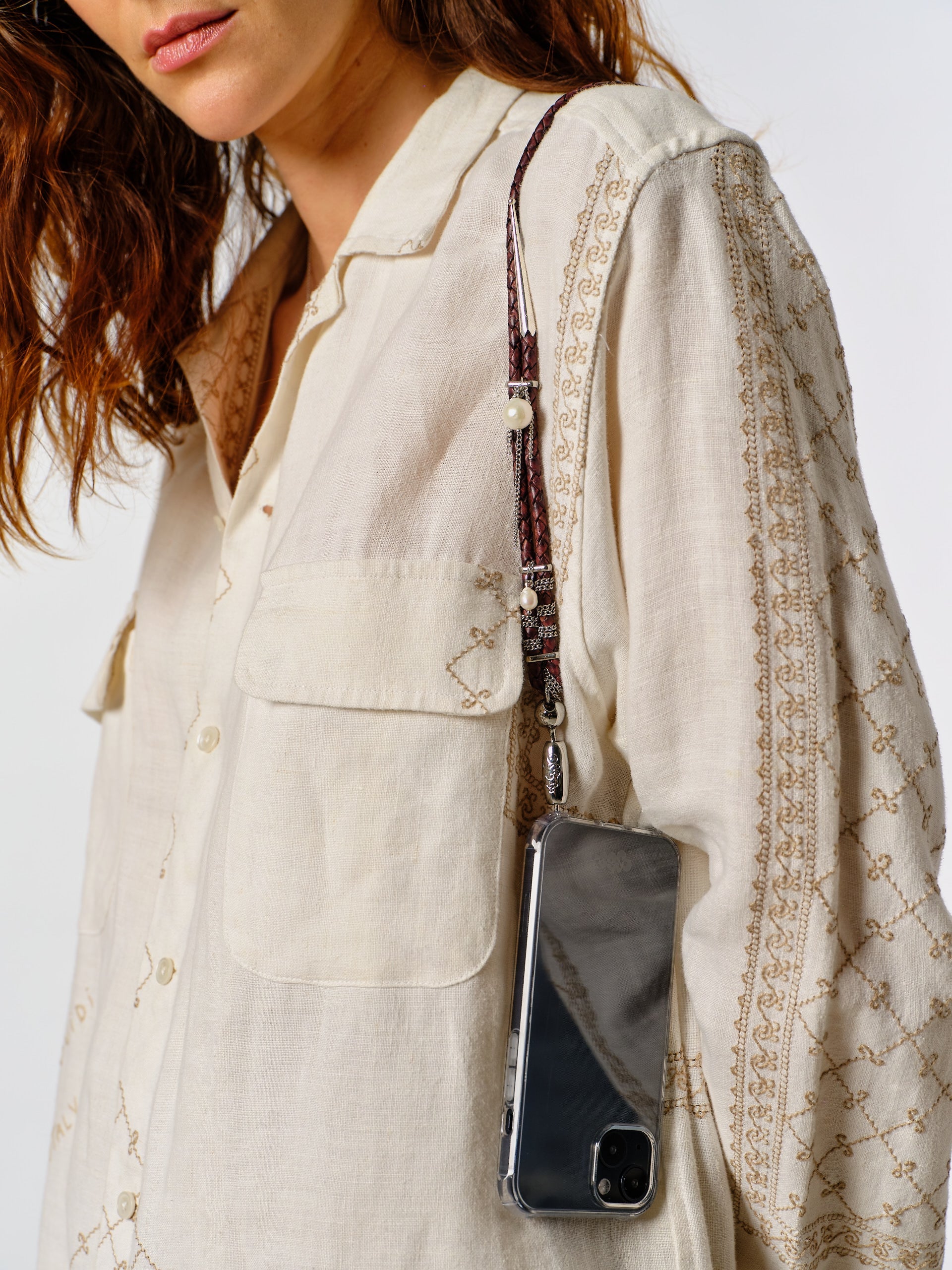 Leather Bolo and Pearl Shoulder Phone Strap in Antique Brown — view 5