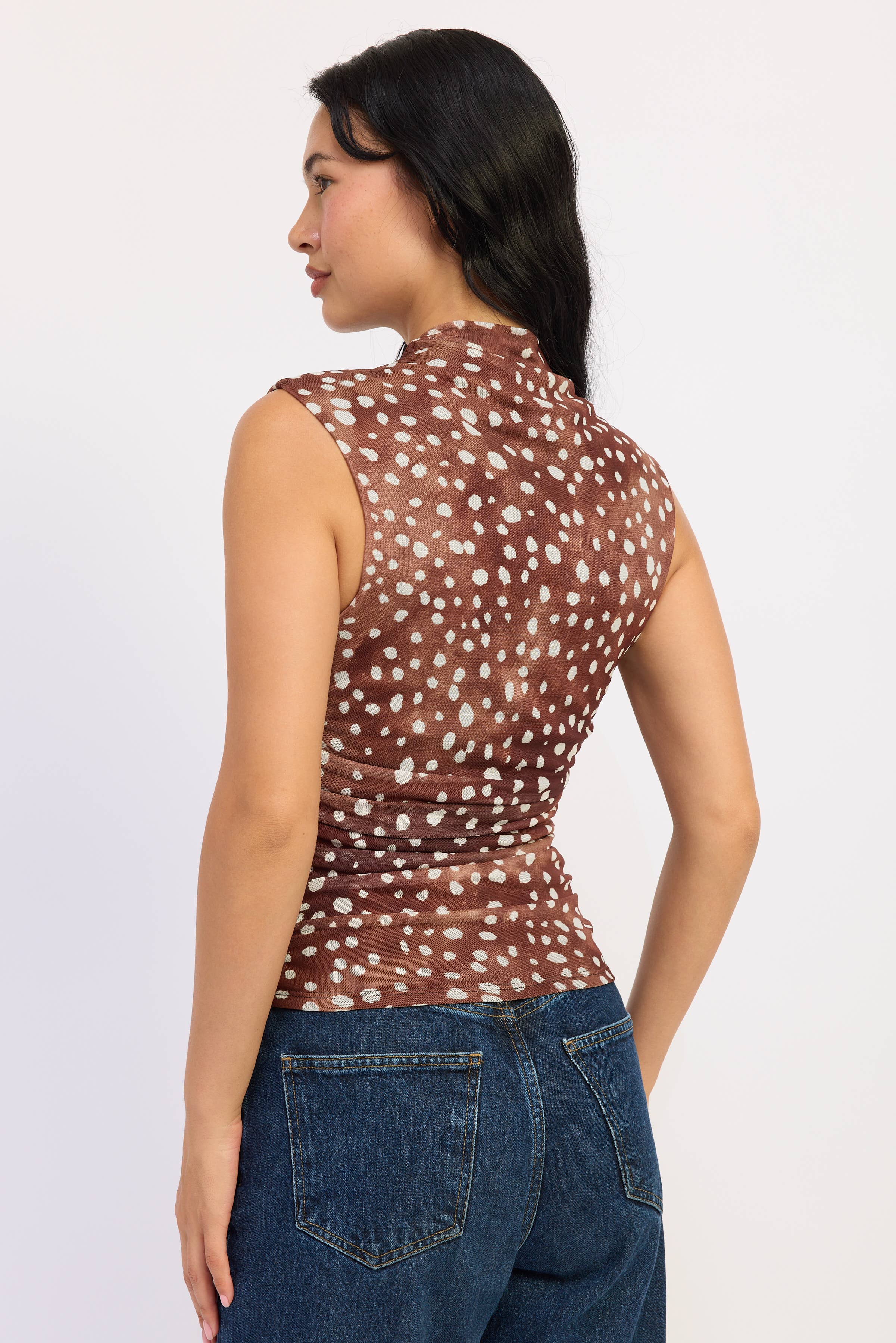 Emory Park sleeveless fitted mesh top in fawn print, detail view