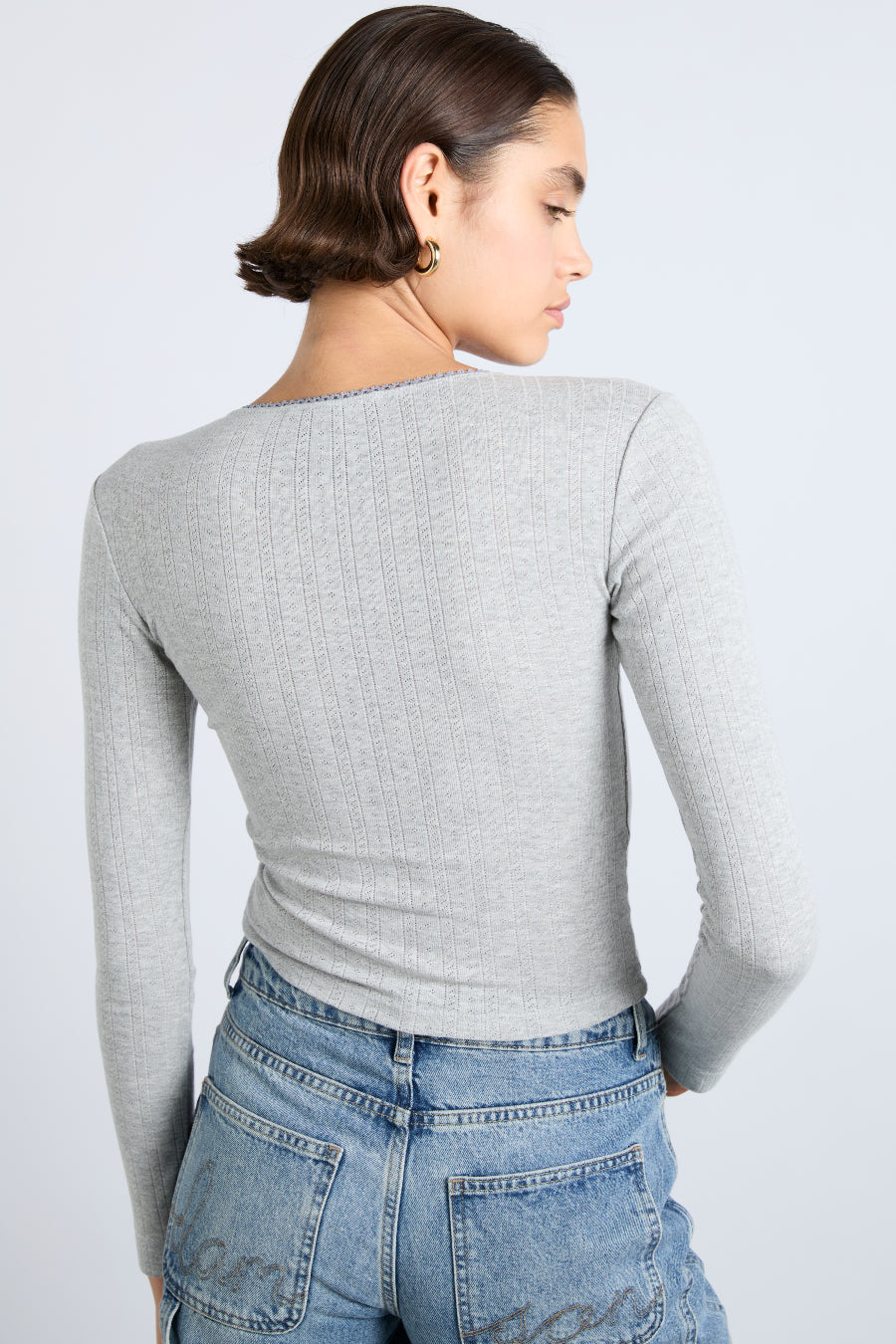 Lua Long Sleeve Pointelle Top in Grey Marl — view 3