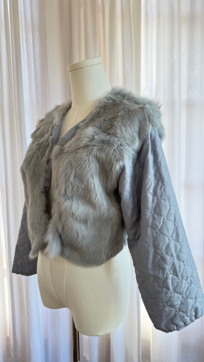 DN Vintage Sky Blue Rabbit Fur and Quilted Cropped Jacket