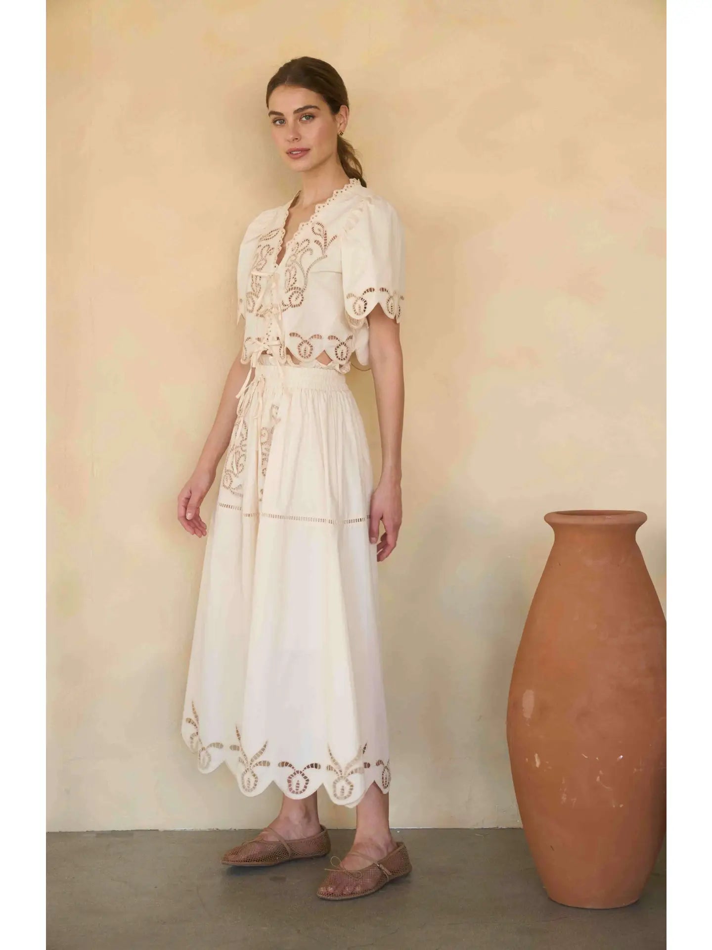 Eyelet Ladder Lace Scalloped Midi Skirt in Cream — view 3