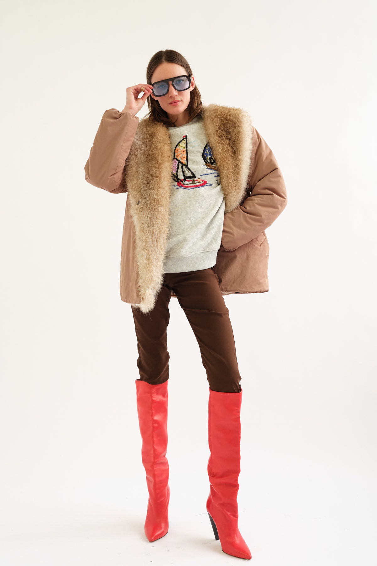 Ciganda Faux Fur Trimmed Coat in Brown by Tach Clothing — view 6