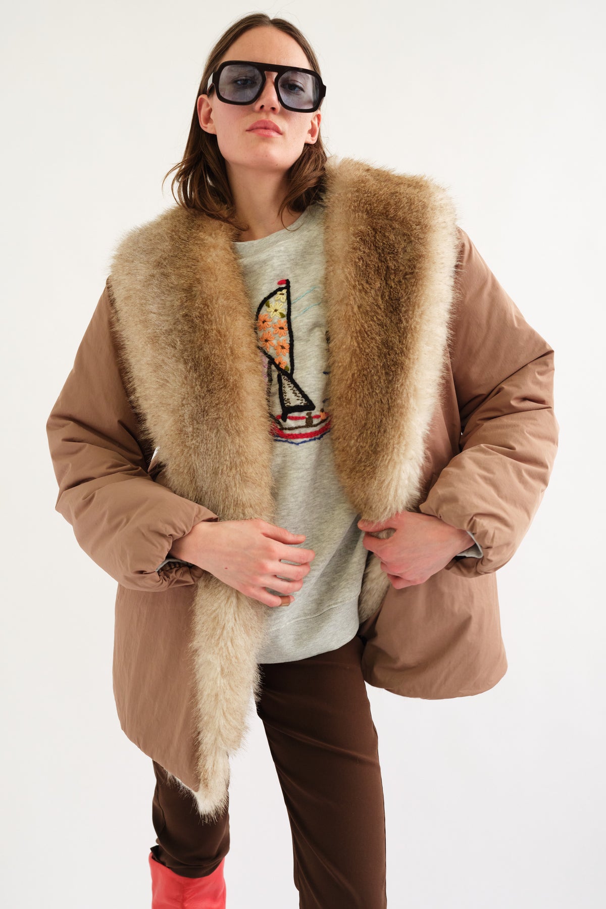 Ciganda Faux Fur Trimmed Coat in Brown by Tach Clothing — view 1
