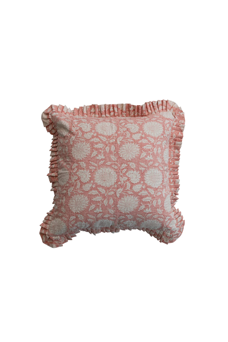 Square Pillow with Hand-Embroidered Kantha Stitch & Ruffled Edge