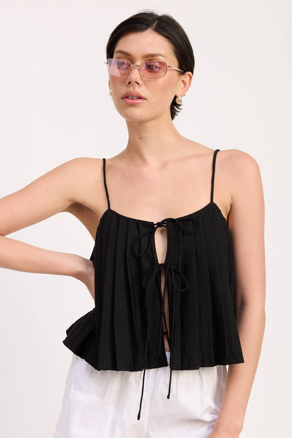 Pleated Tie Front Cami Top in Black — view 3