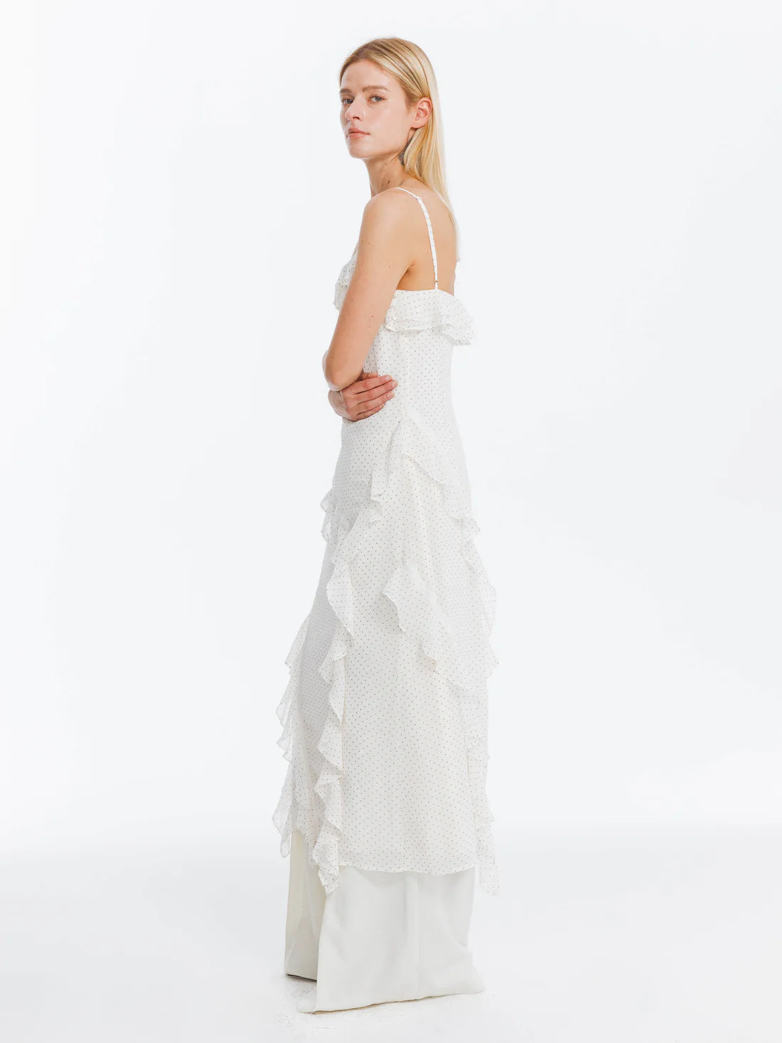 Irregular Ruffled Polka Dot Sling Dress — view 5