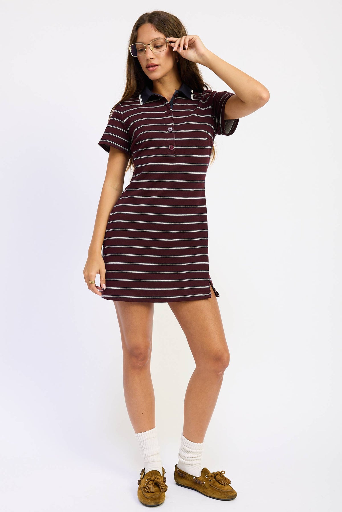 Striped Mini Shirt Dress in Burgundy — view 3