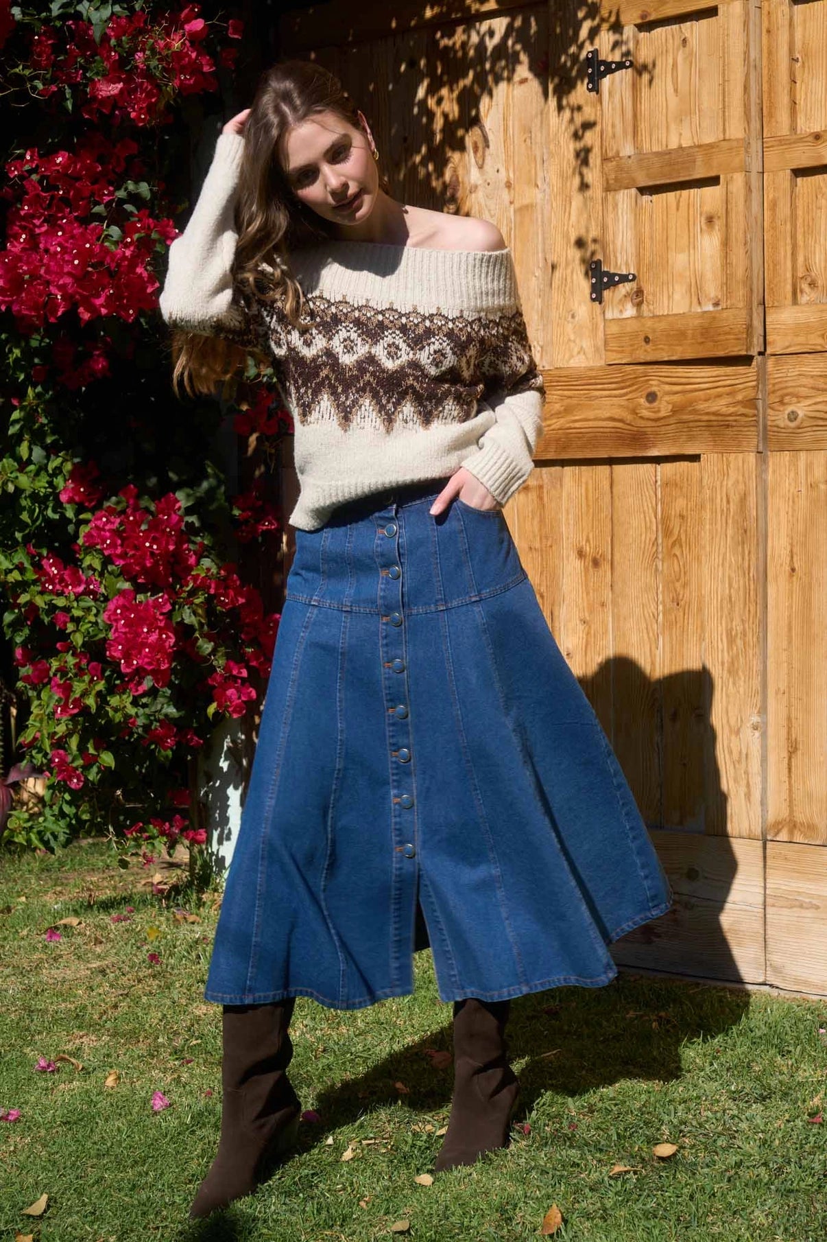 Button Down Panel Detail Denim Midi Skirt in Denim Blue — view 2