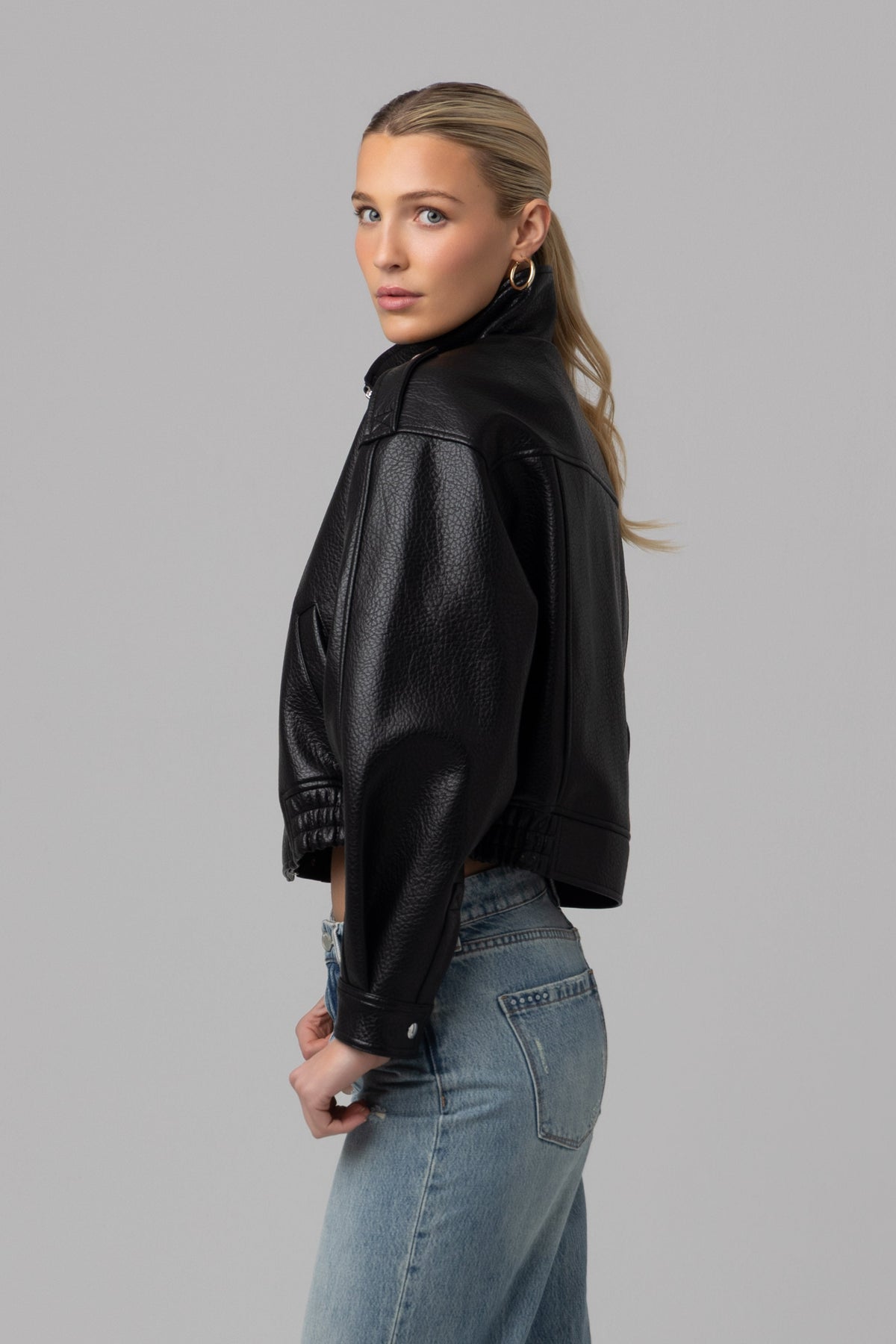 Night Moves Faux Leather Bomber Jacket in Black — view 4