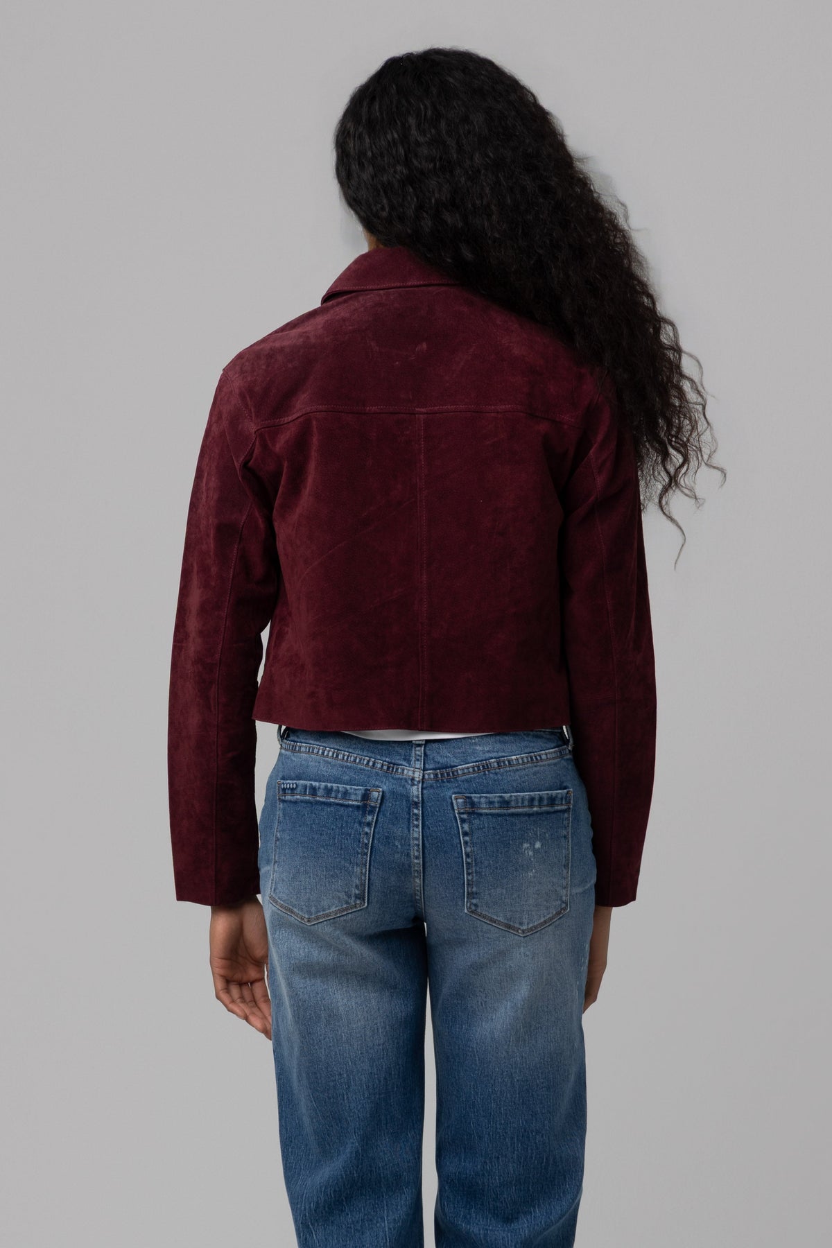 Real Suede Cropped Blazer in Wine O'Clock — view 4