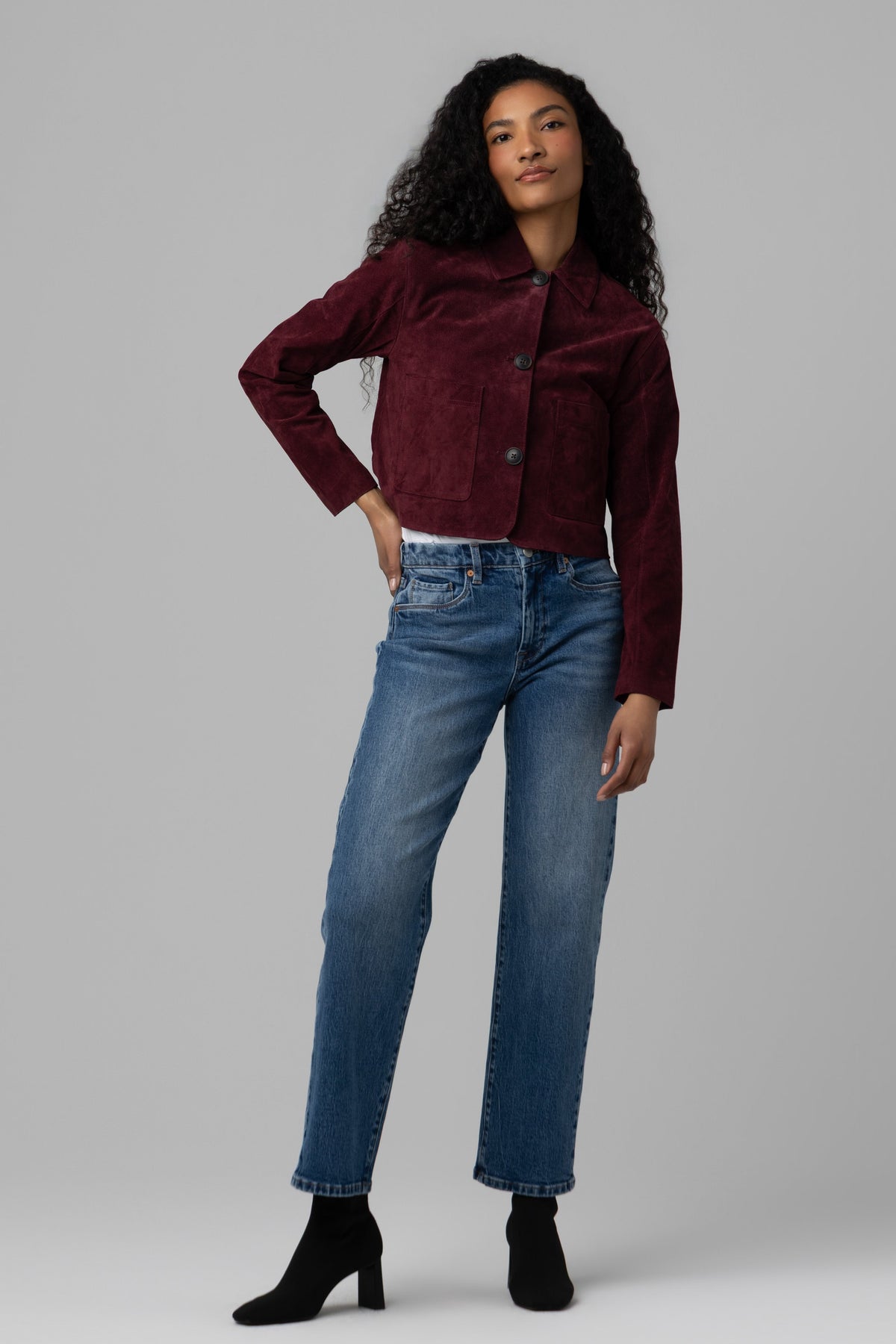 Real Suede Cropped Blazer in Wine O'Clock — view 5