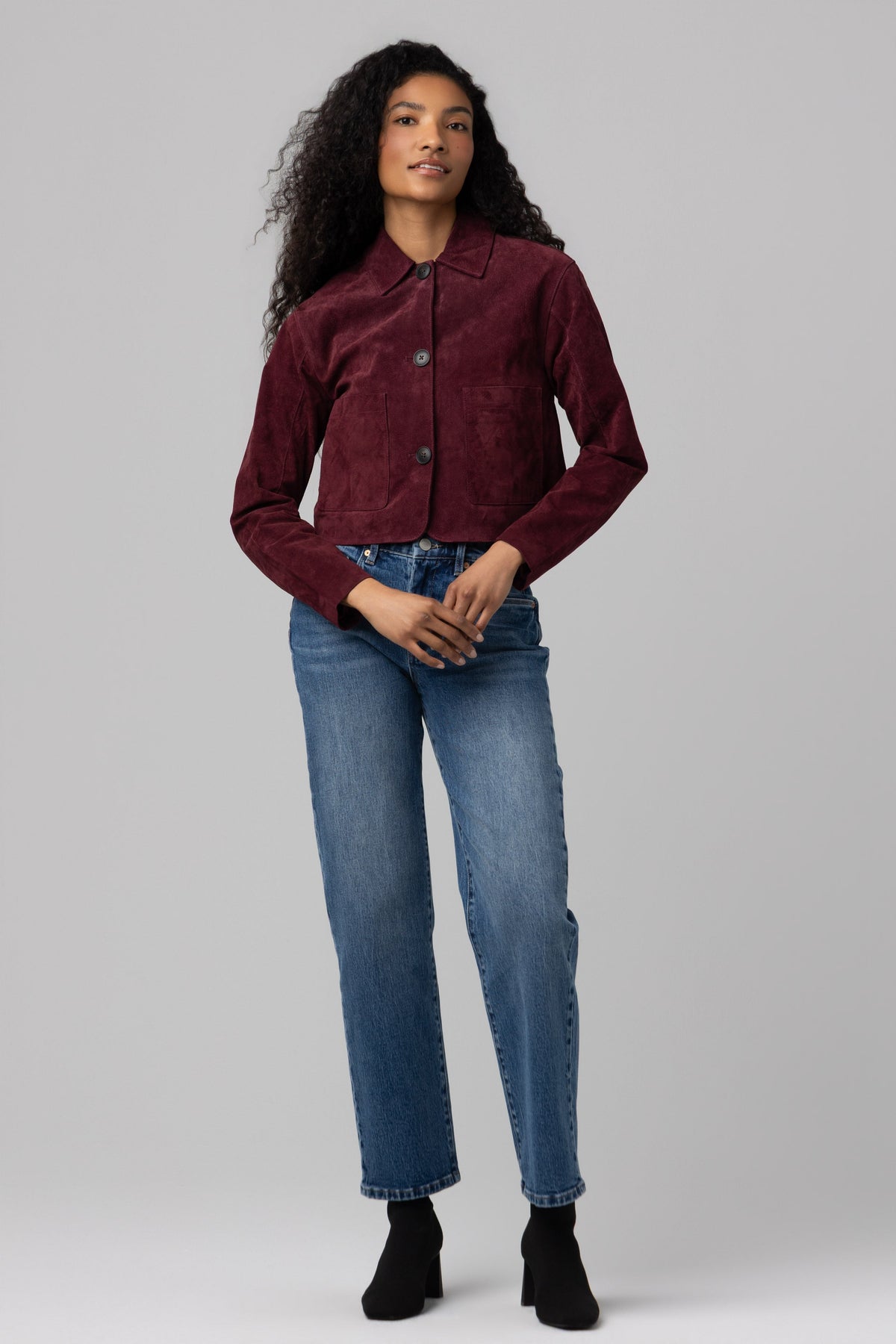 Real Suede Cropped Blazer in Wine O'Clock — view 6
