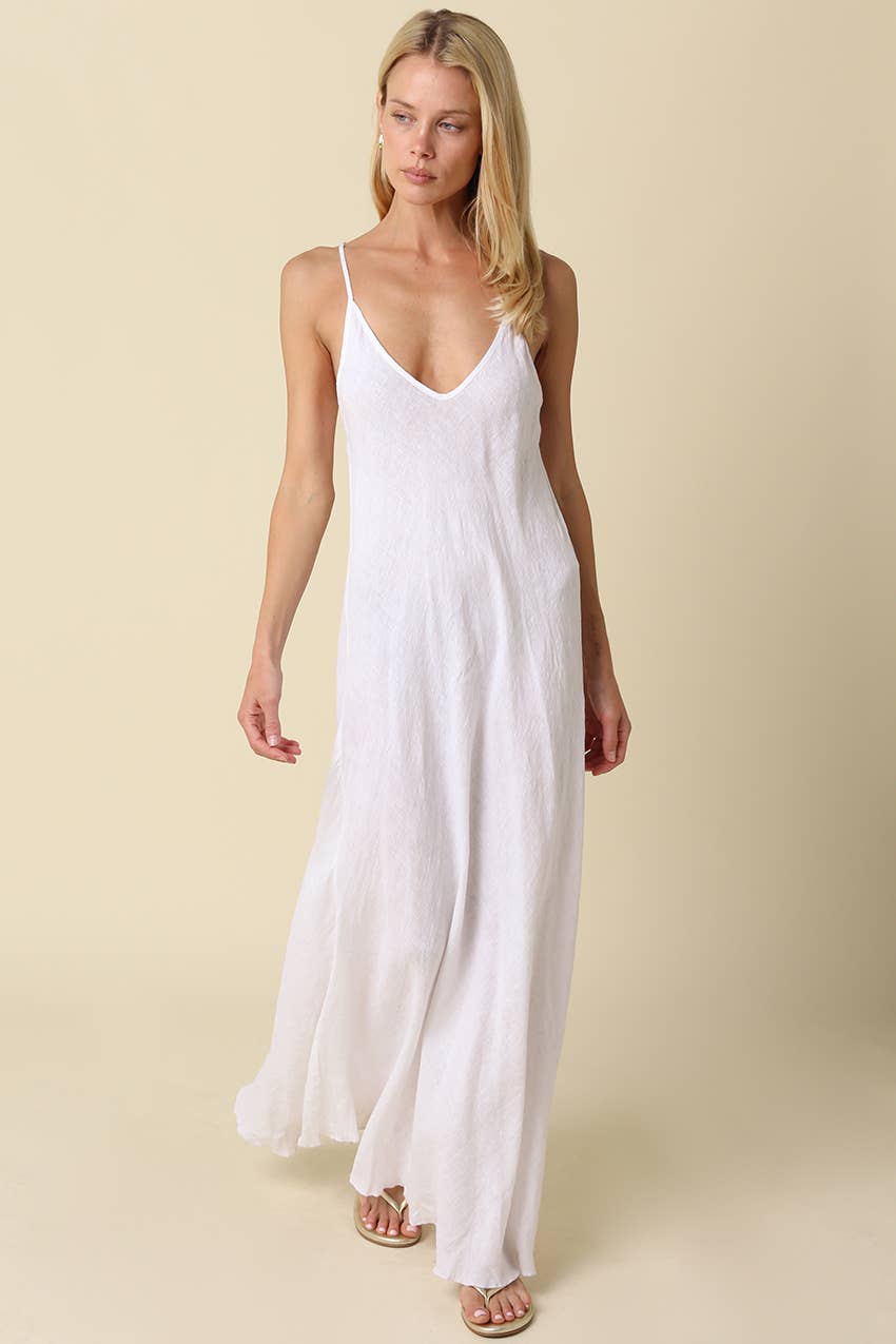 Adeline Flowy Linen Maxi Dress in White by Olivaceous, view 2