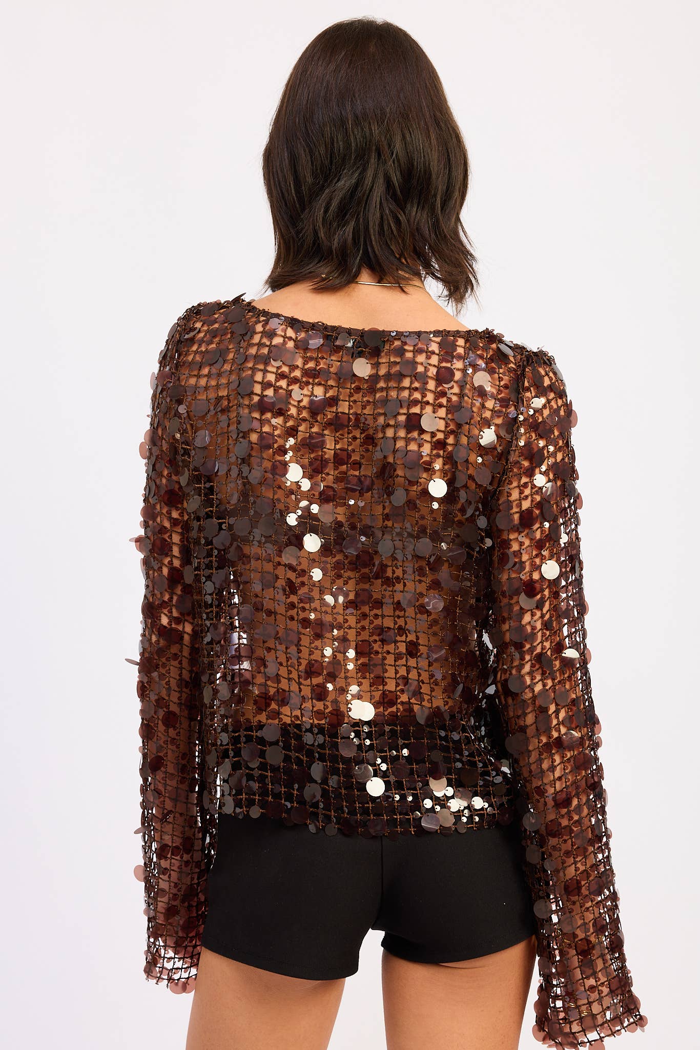 Long Sleeve Sequin Mesh Top in Brown — view 8