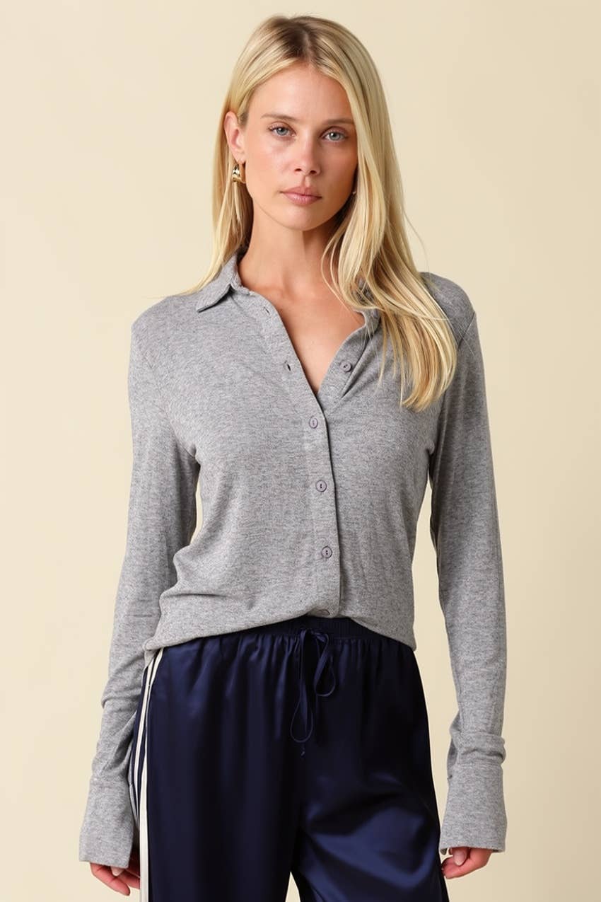 Elena Long Sleeve Henley Knit Top in Heather Grey — front