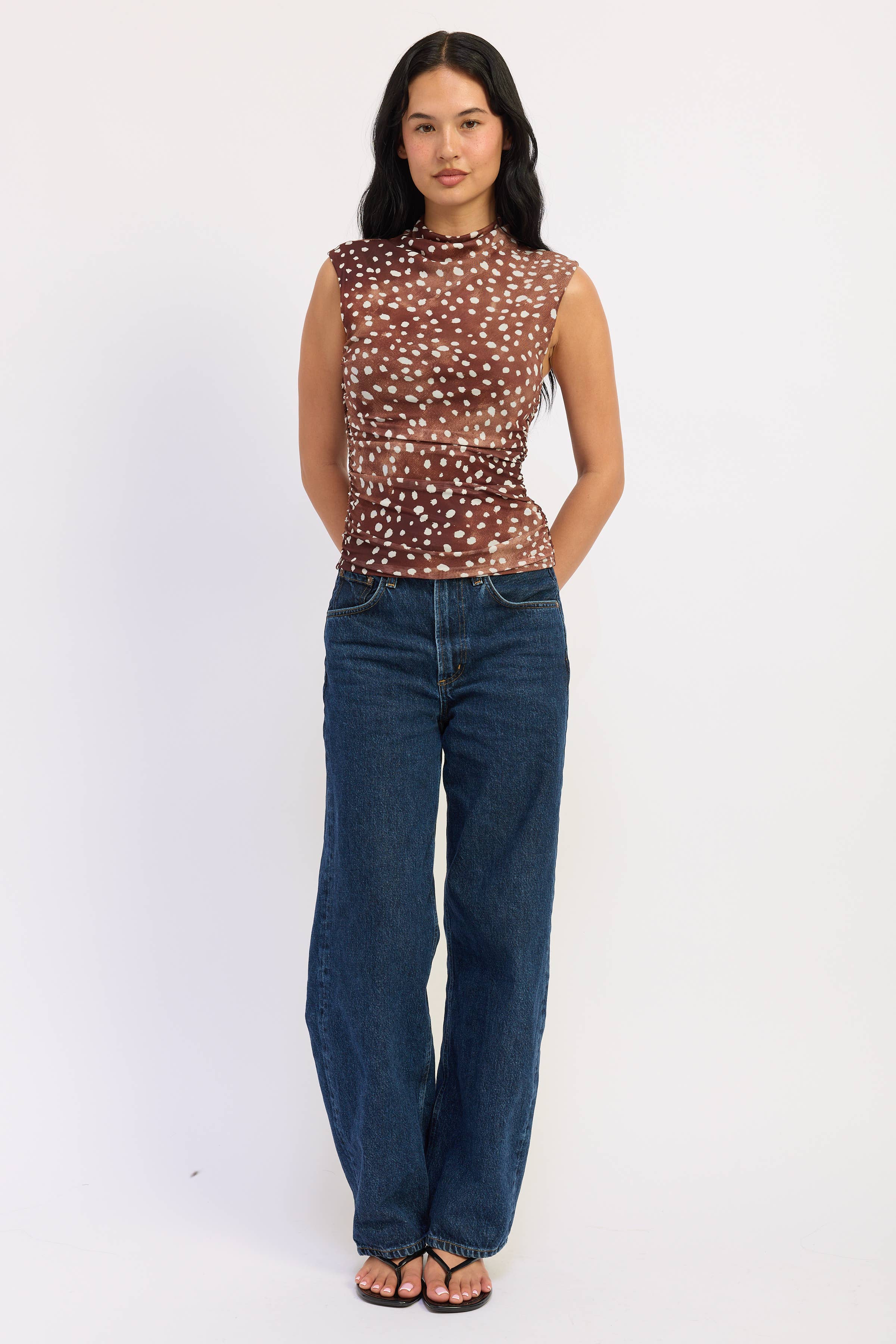 Emory Park sleeveless fitted mesh top in fawn print, full length view