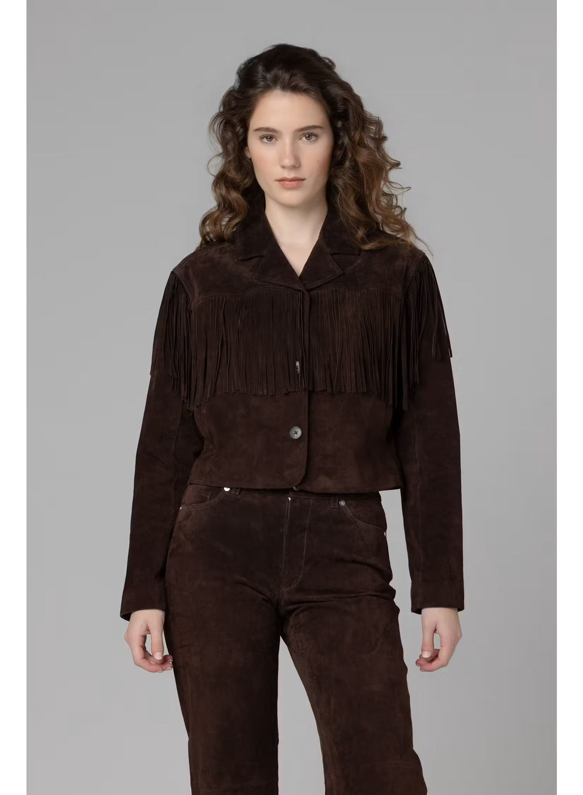 Real Suede Fringe Blazer in Iced Chocolate by BLANKNYC — front view styled with matching suede pants