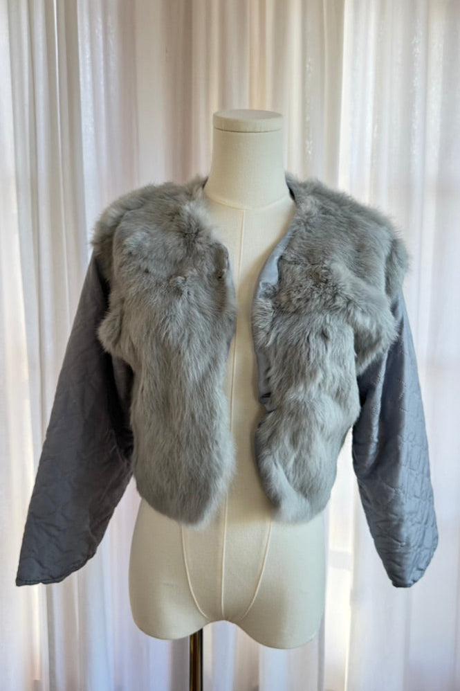 DN Vintage Sky Blue Rabbit Fur and Quilted Cropped Jacket