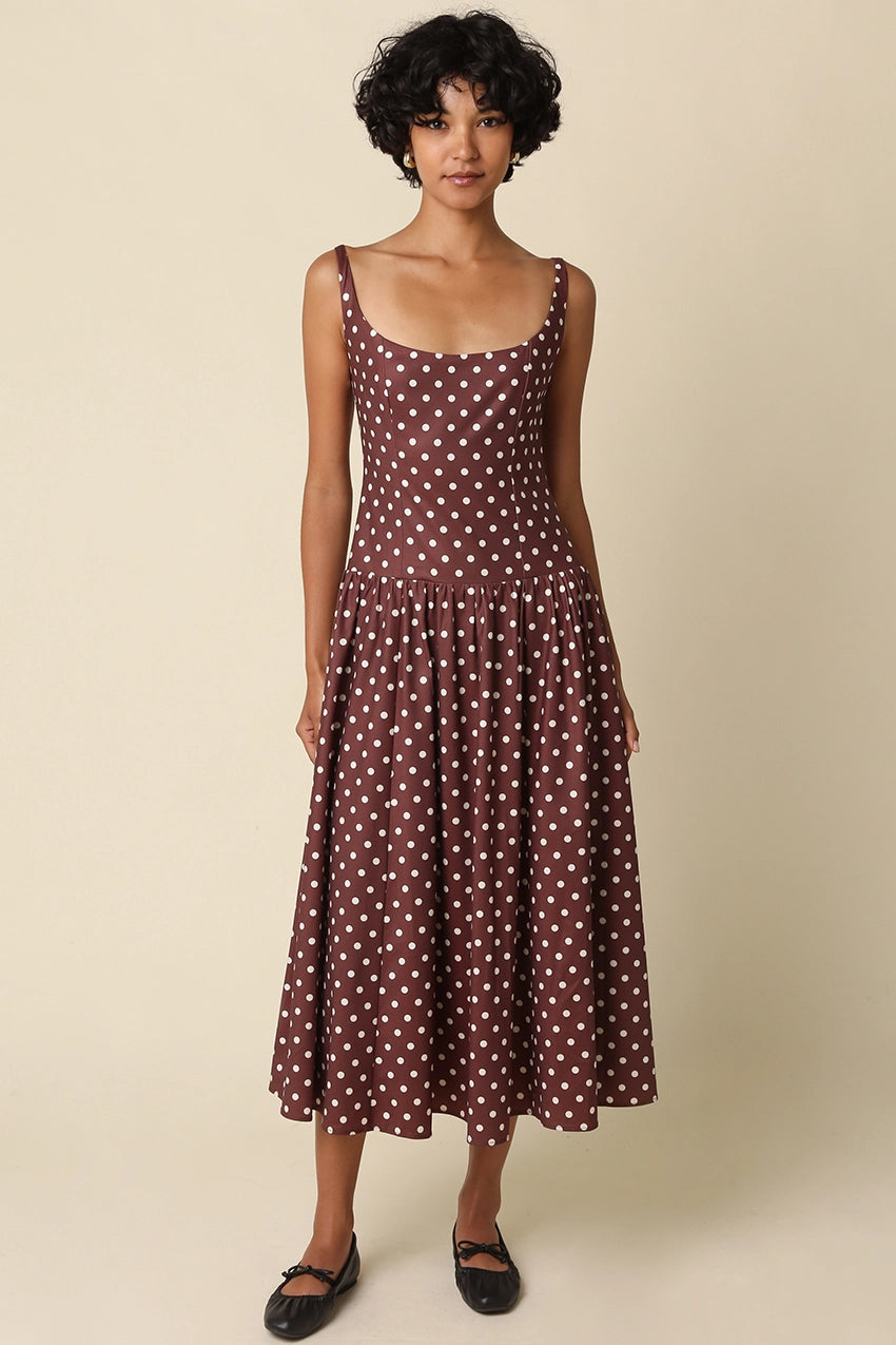 Katy Polka Dot Midi Dress in Brown — view 2