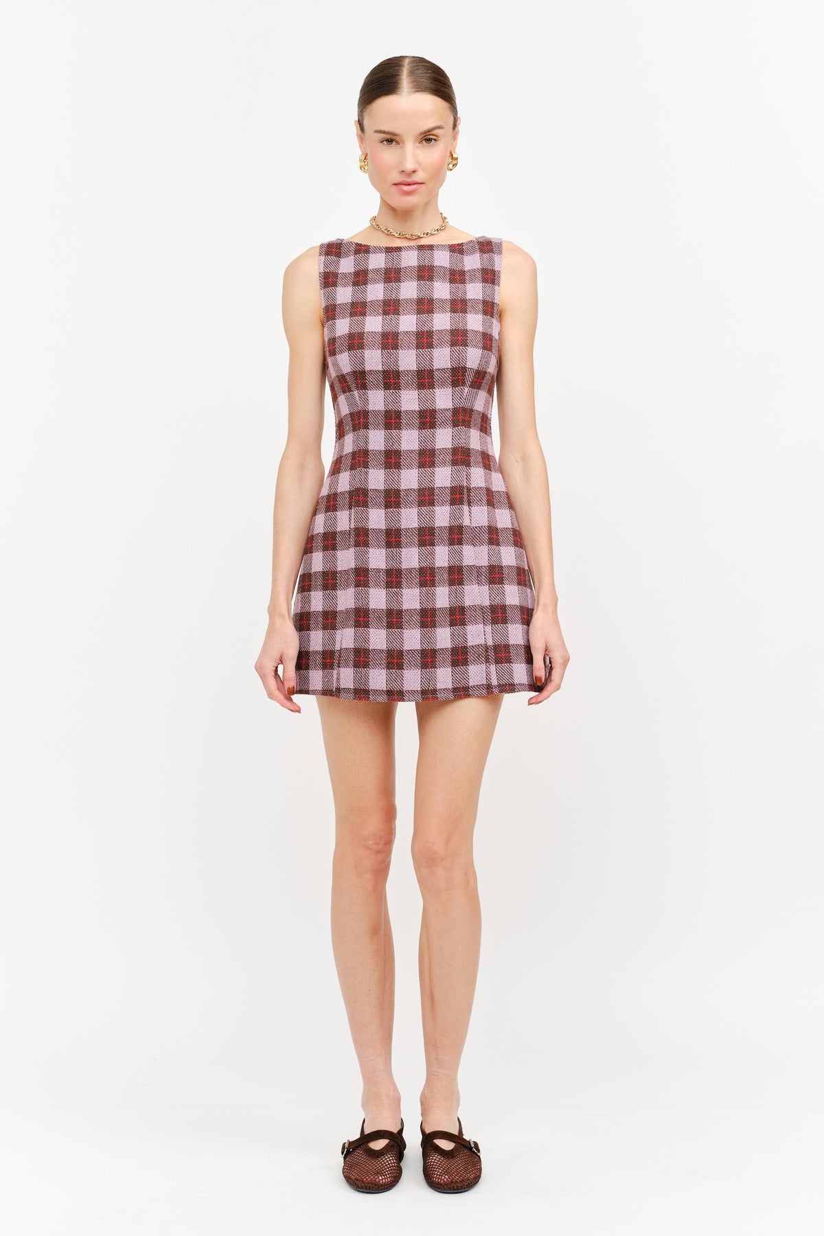 Victoria Boat Neck Mini Dress in Mauve Plaid — view 2
