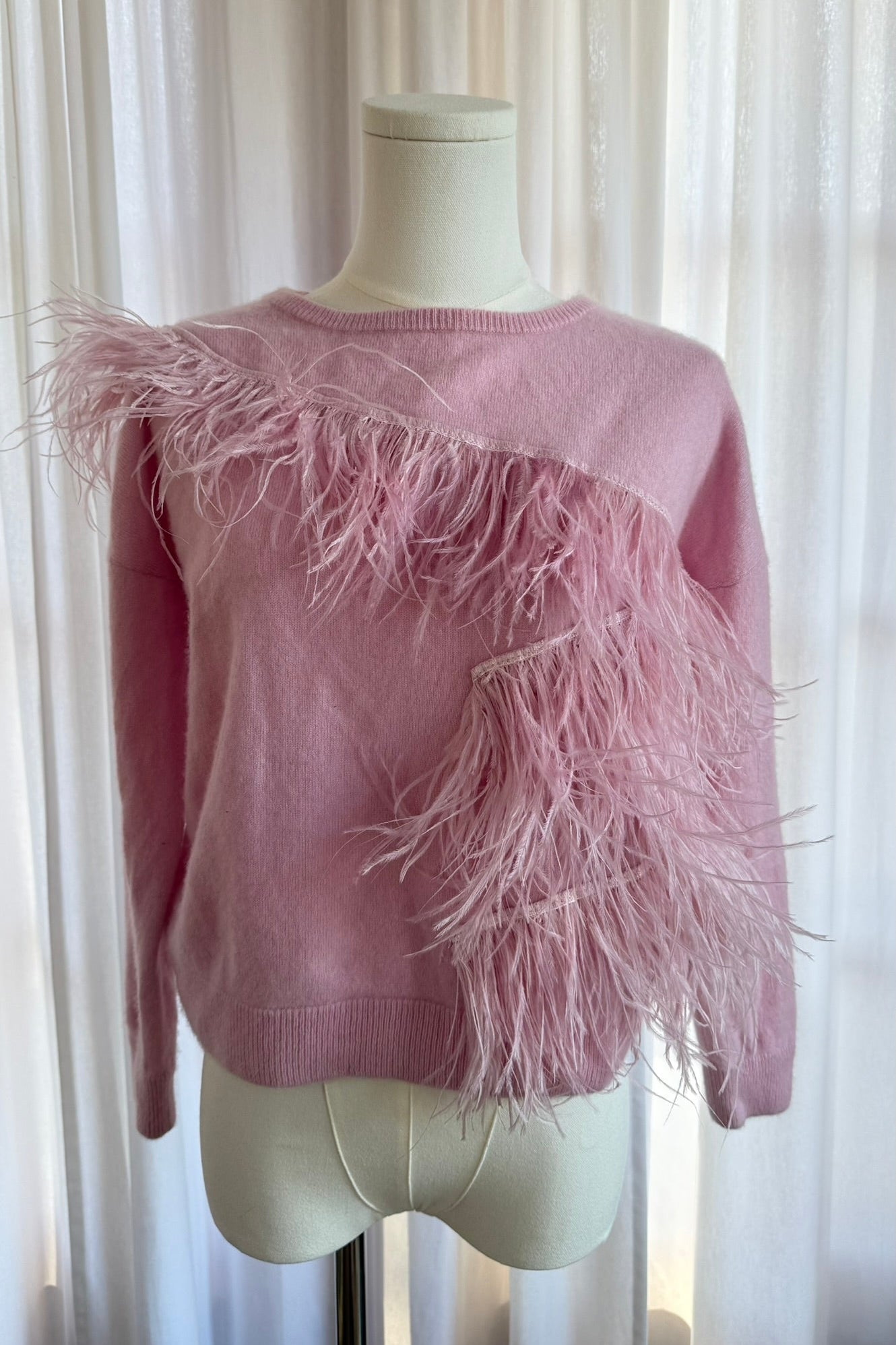 Vintage Pink Cashmere Sweater with Ostrich Feathers