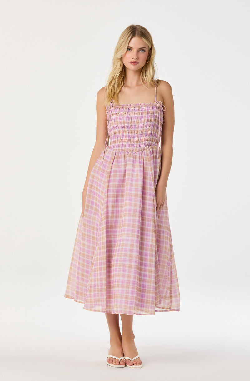 Lahela Plaid Smocked Midi Dress in Pink Plaid — view 5