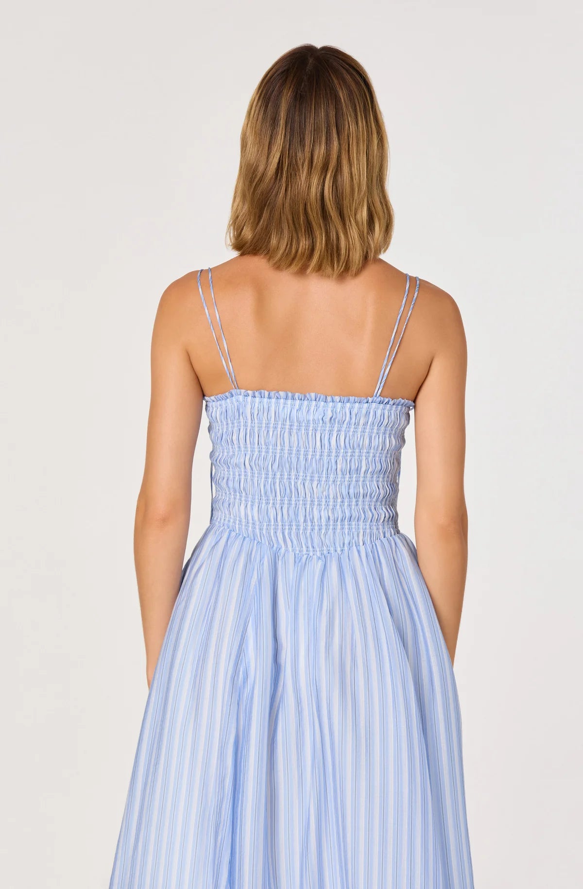 Lahela Smocked Midi Dress in Blue Stripe