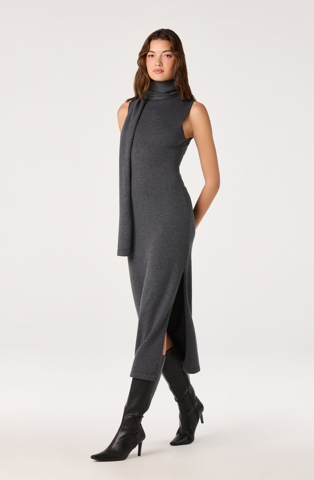 Shyanne Turtleneck Scarf Sweater Dress in Charcoal — view 1