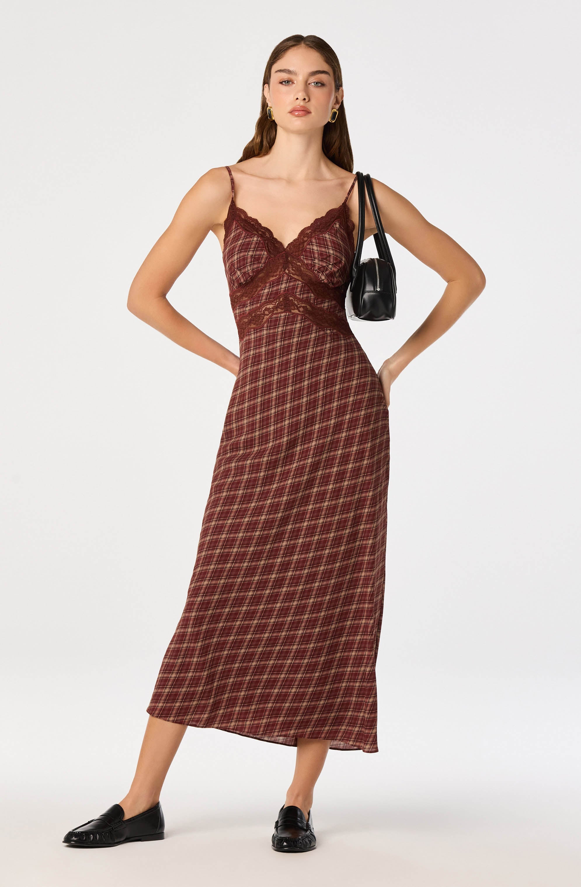 Wine plaid slip maxi dress with lace trim by ASTR the Label