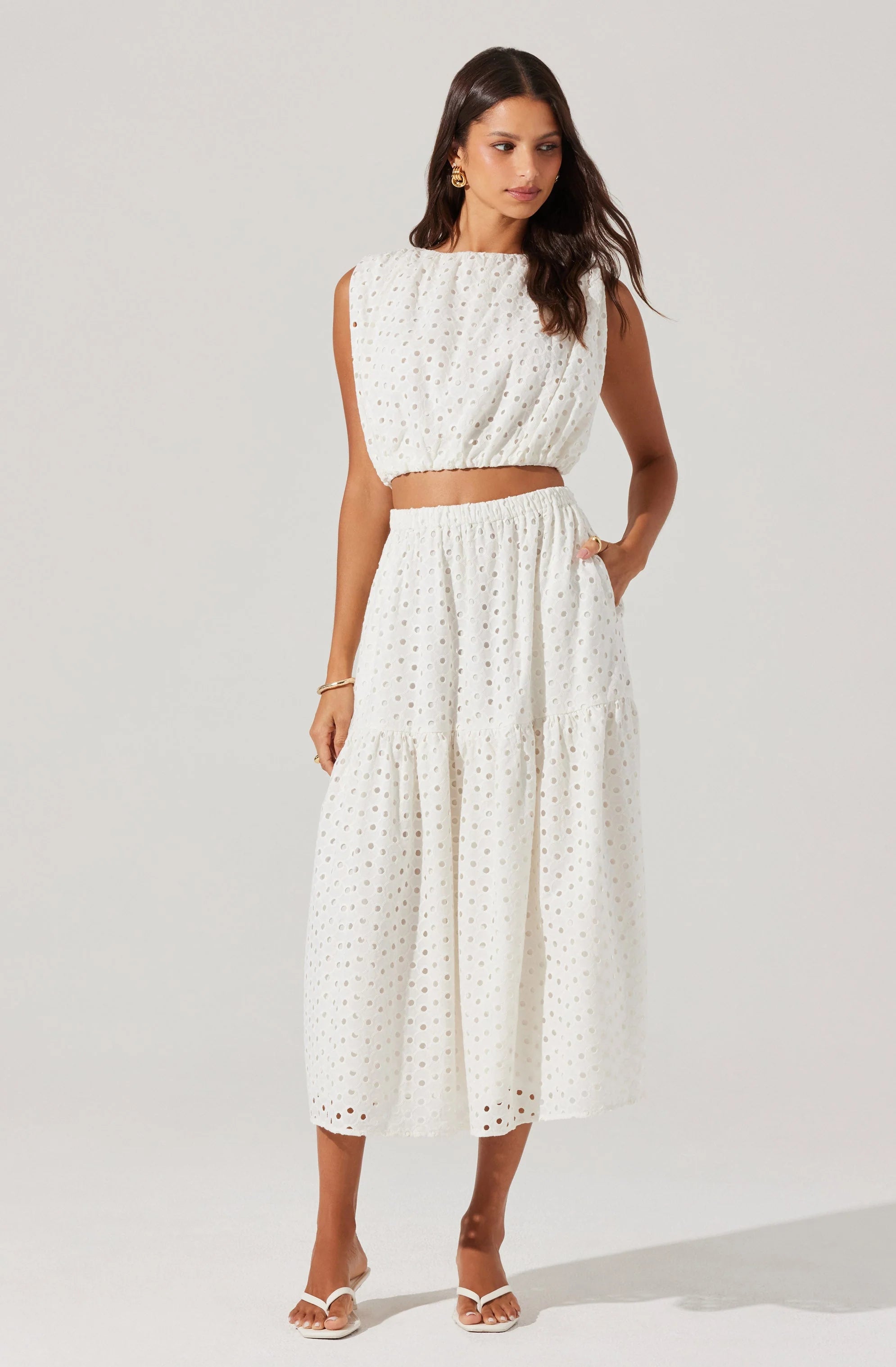 Nalley Eyelet Midi Skirt in White — view 3
