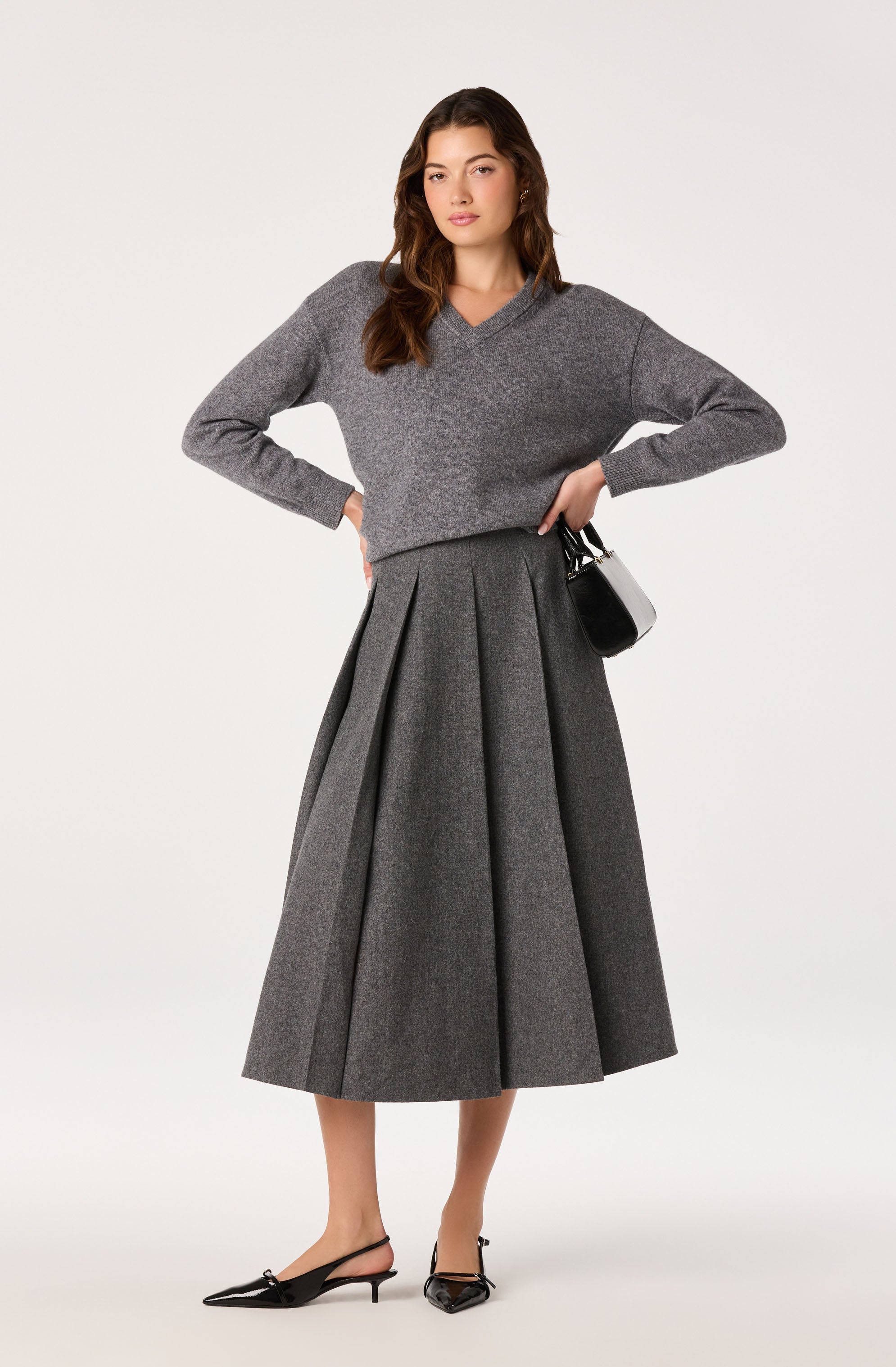 Kelsie Pleated Midi Skirt in Charcoal — view 1