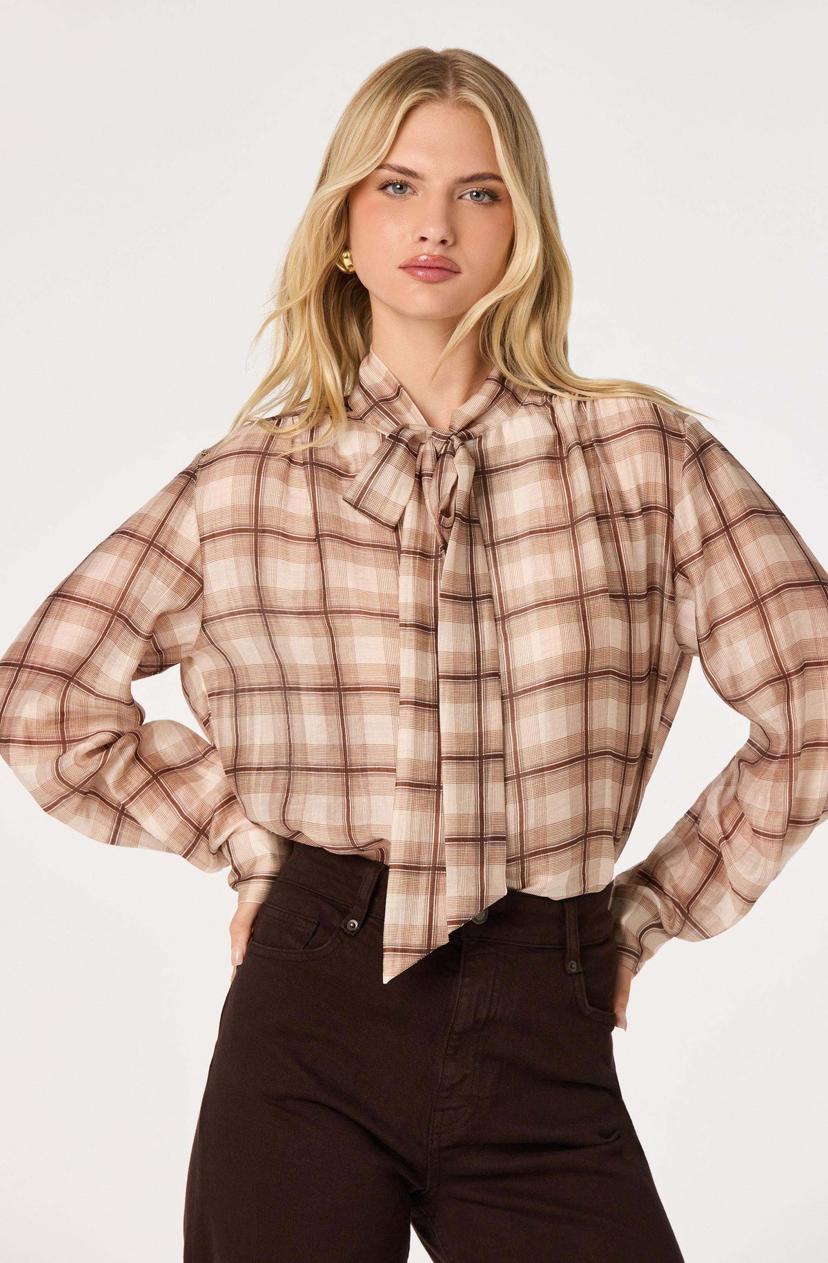 Brown plaid long sleeve button-up blouse by ASTR the Label