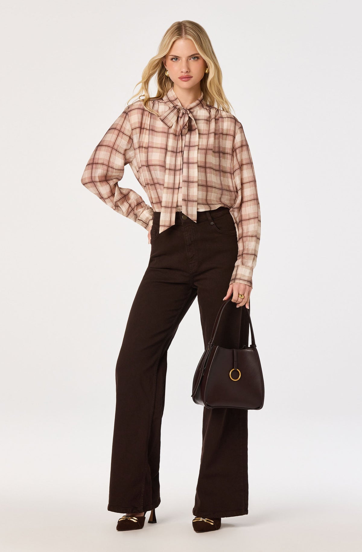 Brown plaid long sleeve button-up blouse by ASTR the Label