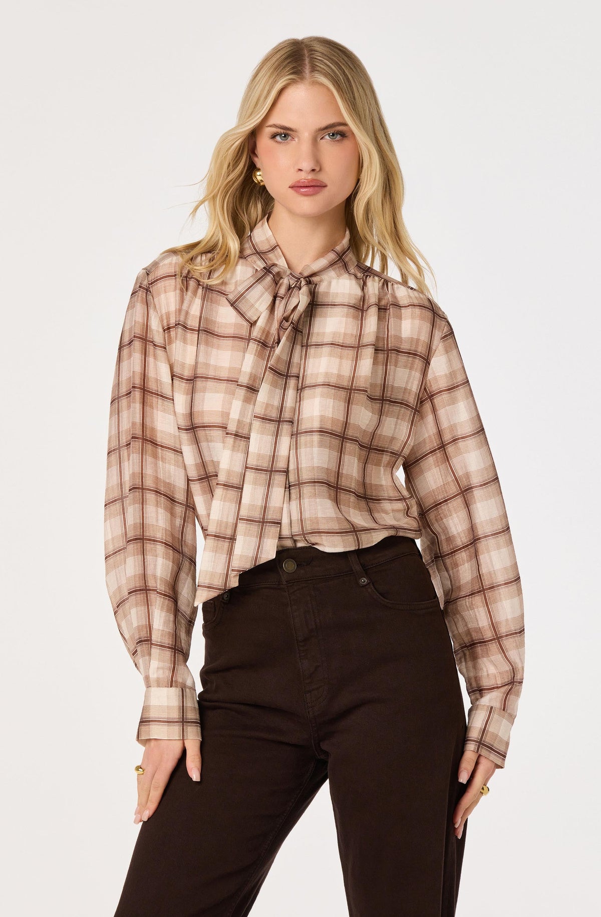 Brown plaid long sleeve button-up blouse by ASTR the Label