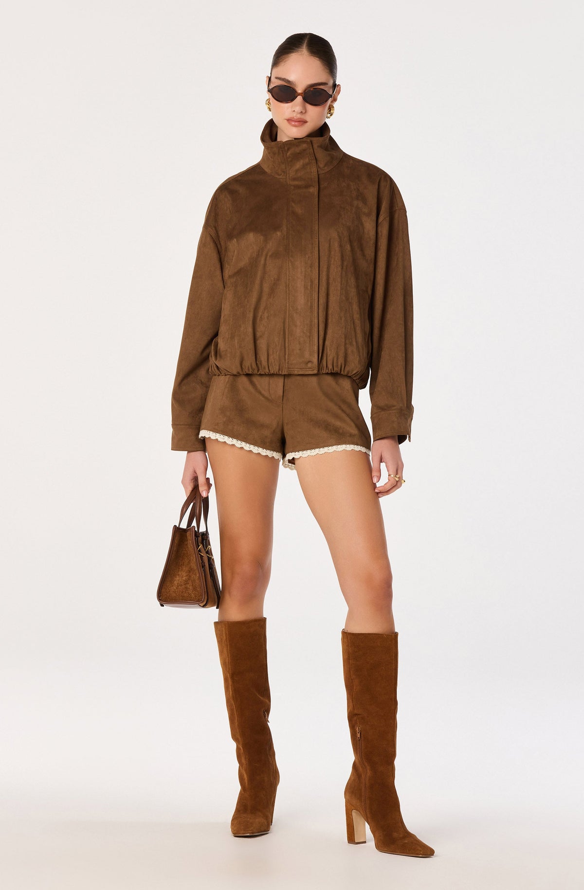 Cooper Faux Suede Bomber Jacket in Chestnut — view 1
