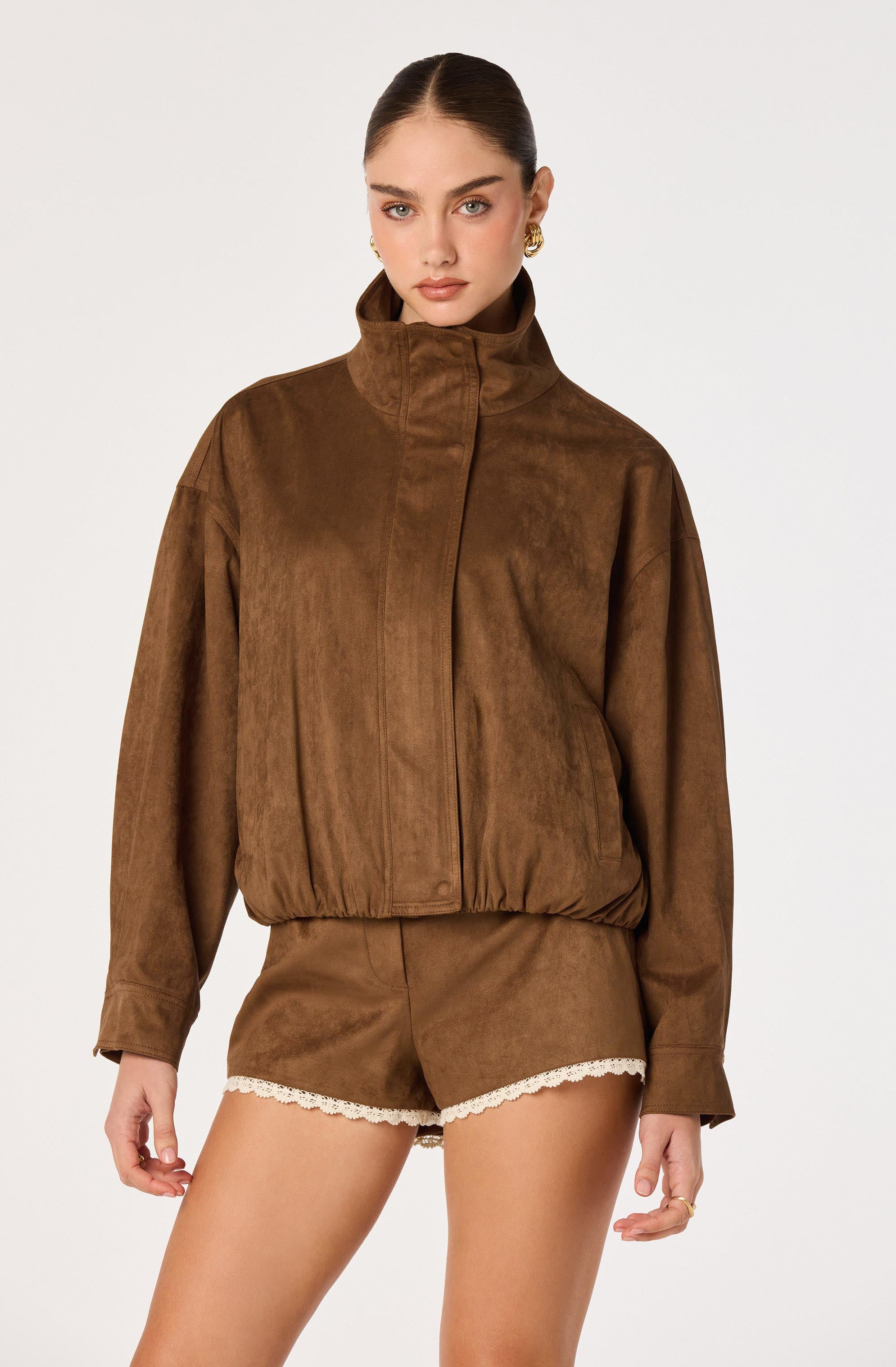 Cooper Faux Suede Bomber Jacket in Chestnut — view 2