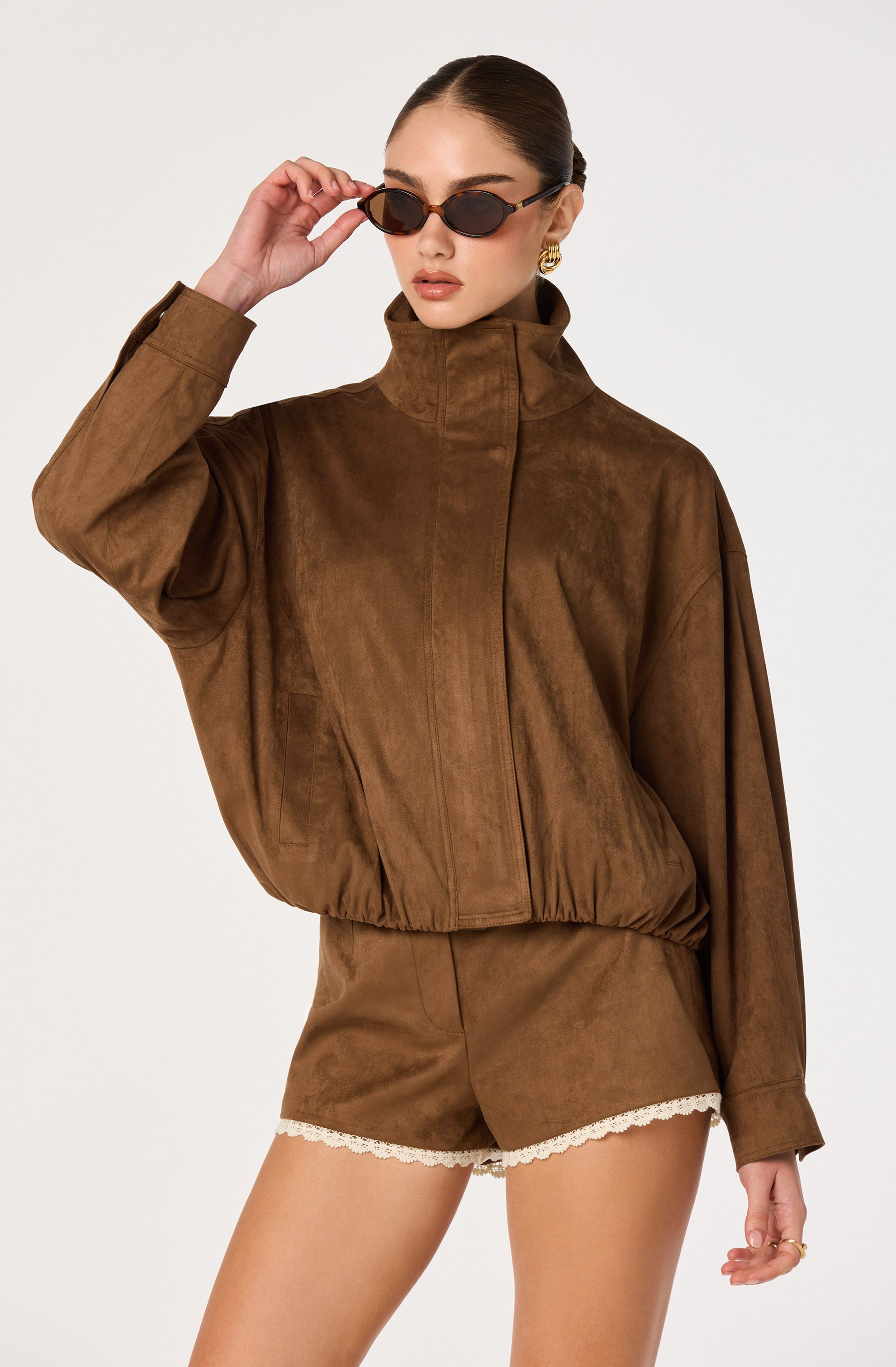 Cooper Faux Suede Bomber Jacket in Chestnut — view 3