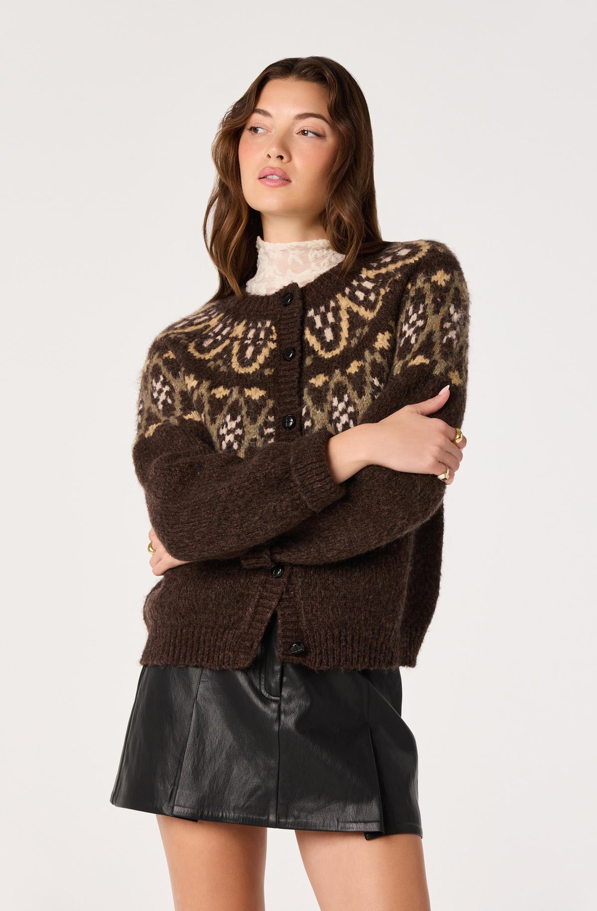 Irene Fair Isle Oversized Cardigan in Brown — view 3