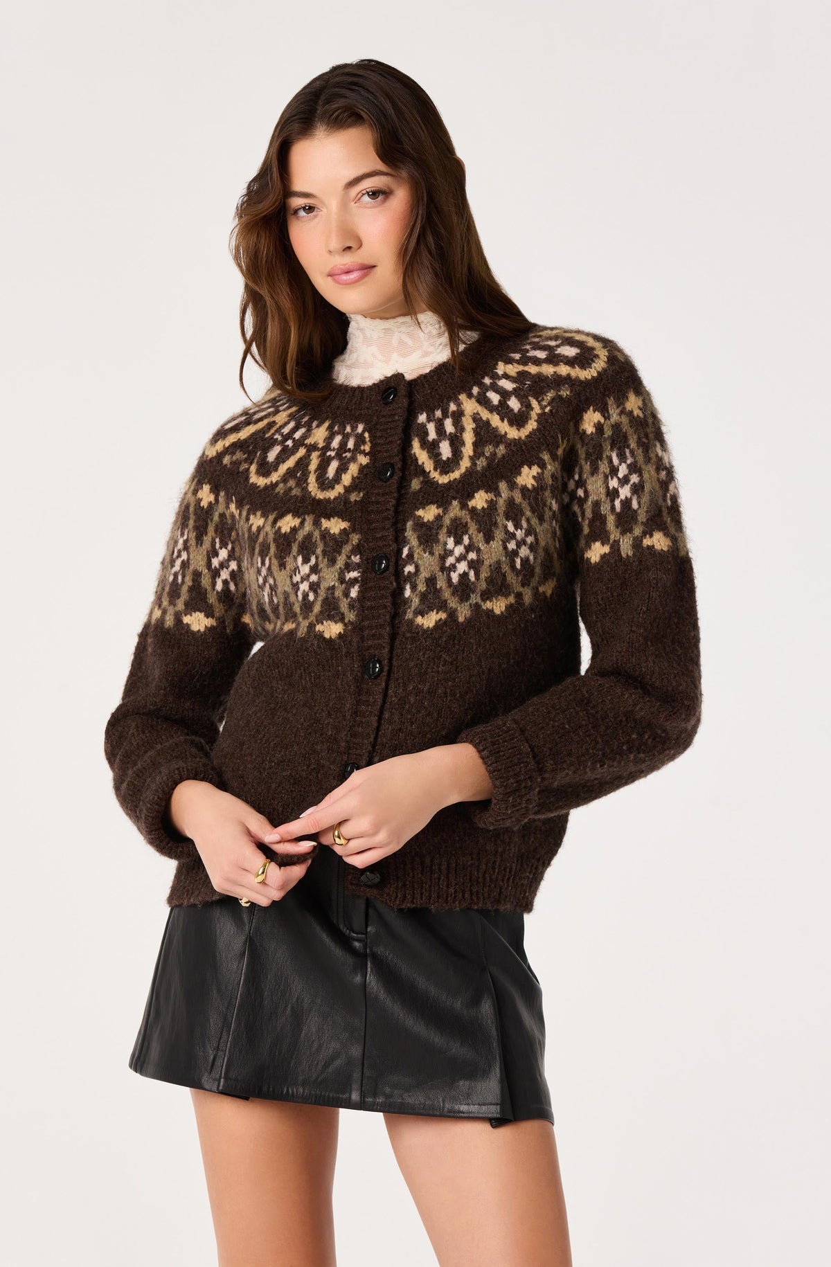Irene Fair Isle Oversized Cardigan in Brown — view 5