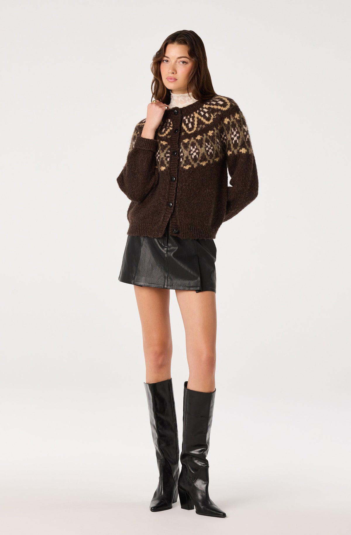Irene Fair Isle Oversized Cardigan in Brown — view 6