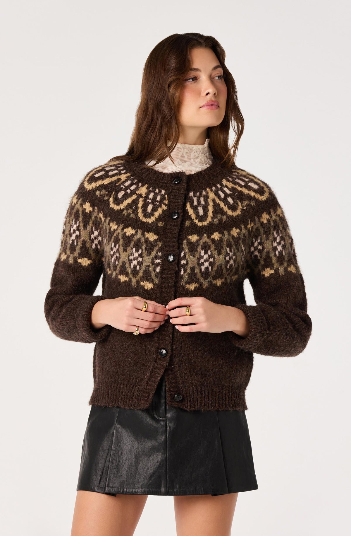 Irene Fair Isle Oversized Cardigan in Brown — view 7
