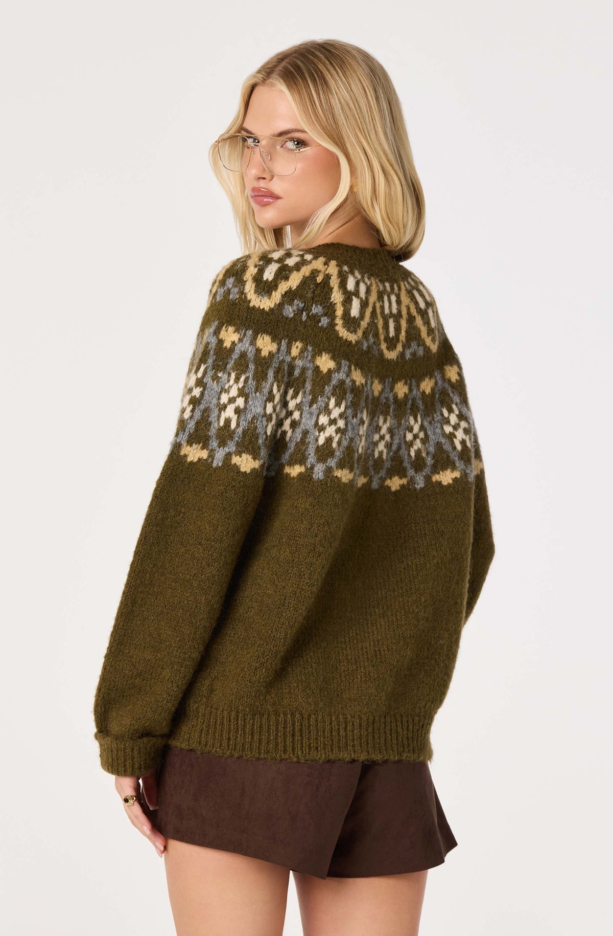 Irene Fair Isle Oversized Cardigan in Olive — view 6
